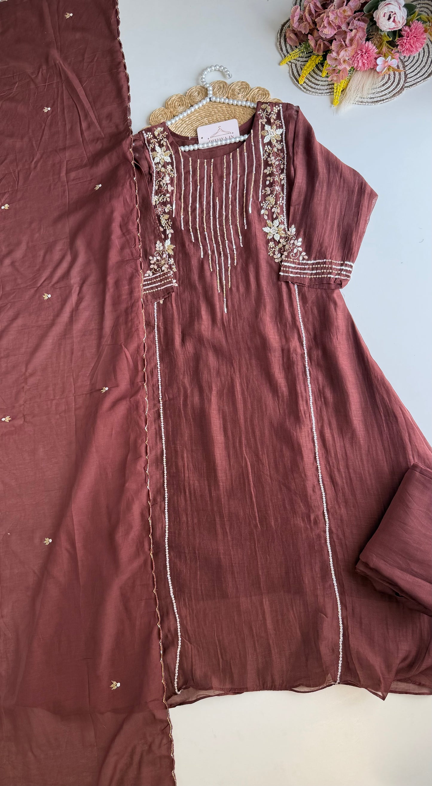 K443 - Mul chanderi handwork Aline Kurti with pants and dupatta