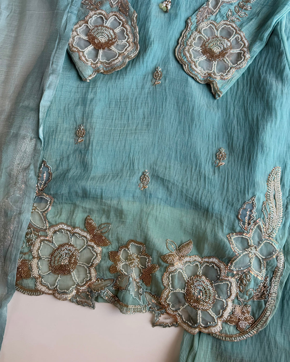 K731 - Crush tissue handwork short Kurti with divider pants and dupatta