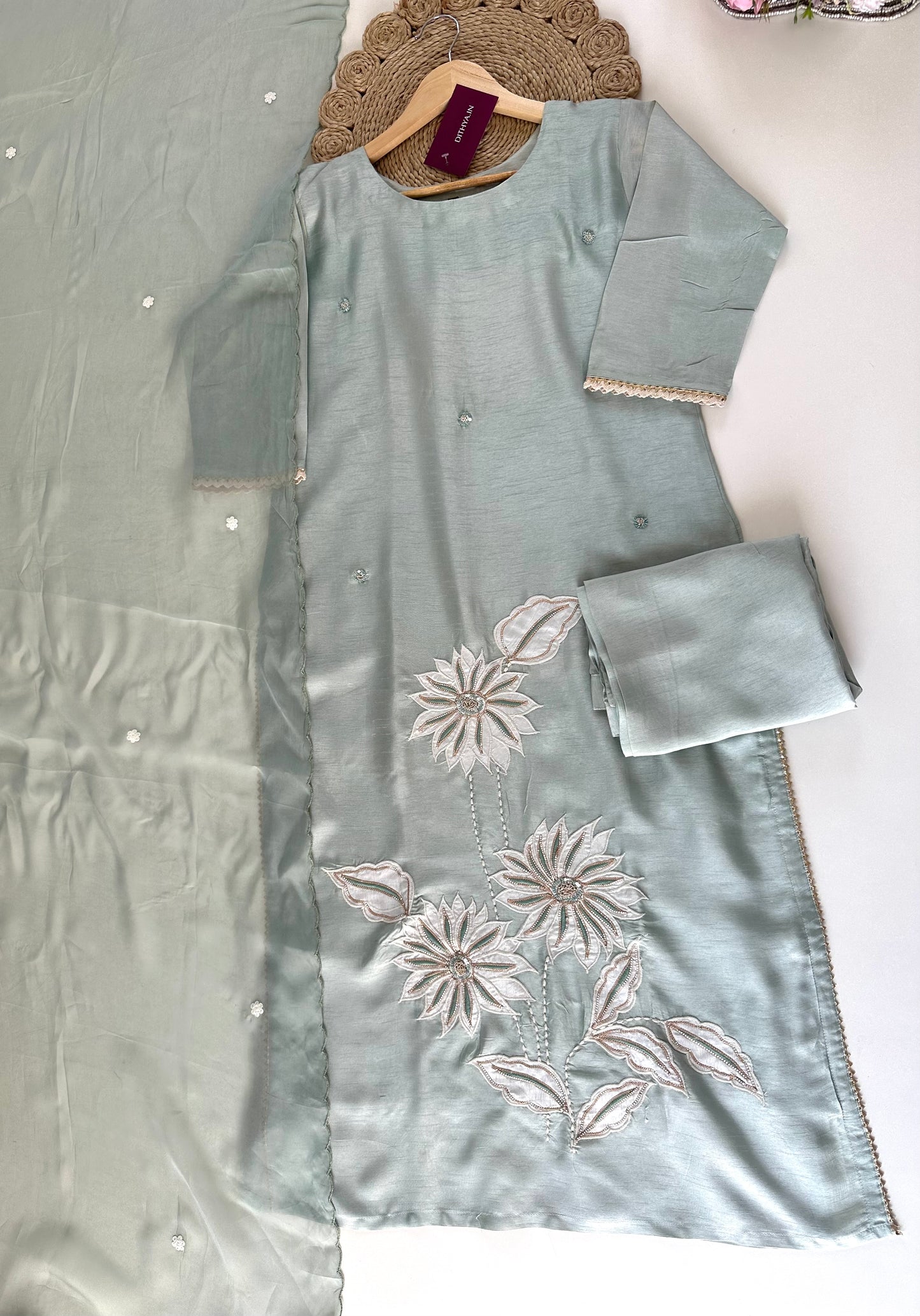 K178 - Mul Chanderi Handwork Straight kurti with pants and dupatta.