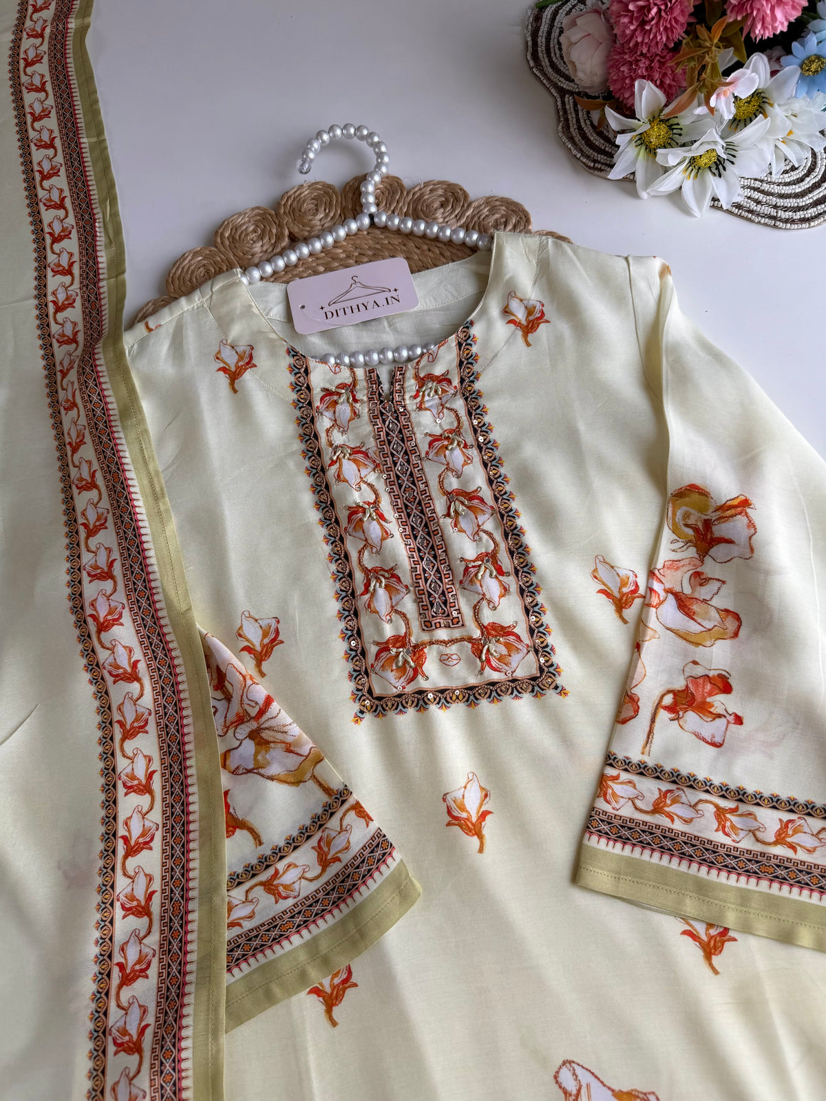 K554 - Muslin silk handwork straight Kurti with pants and dupatta