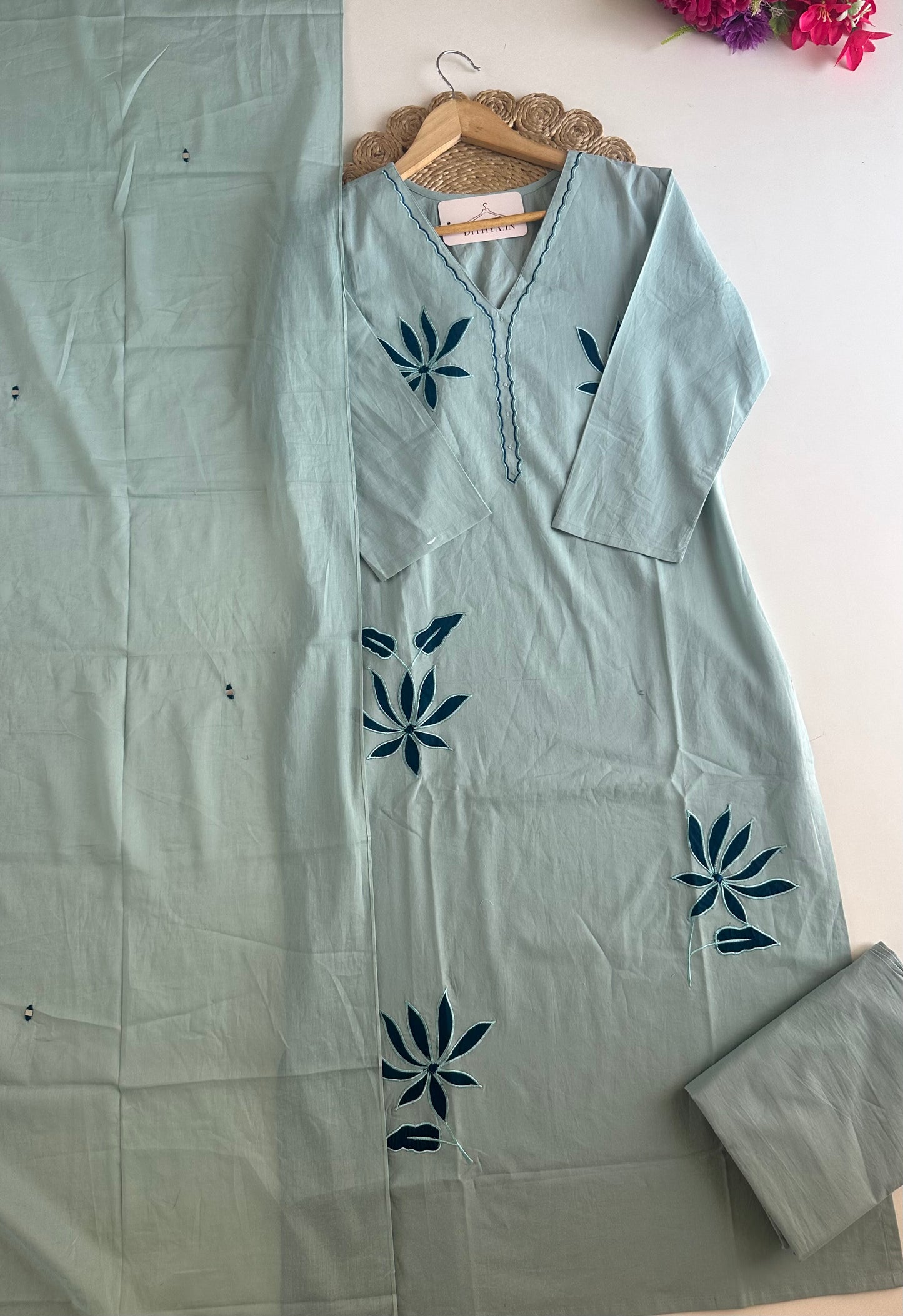 K224 - Mul cotton embroidered straight Kurti with pants and dupatta
