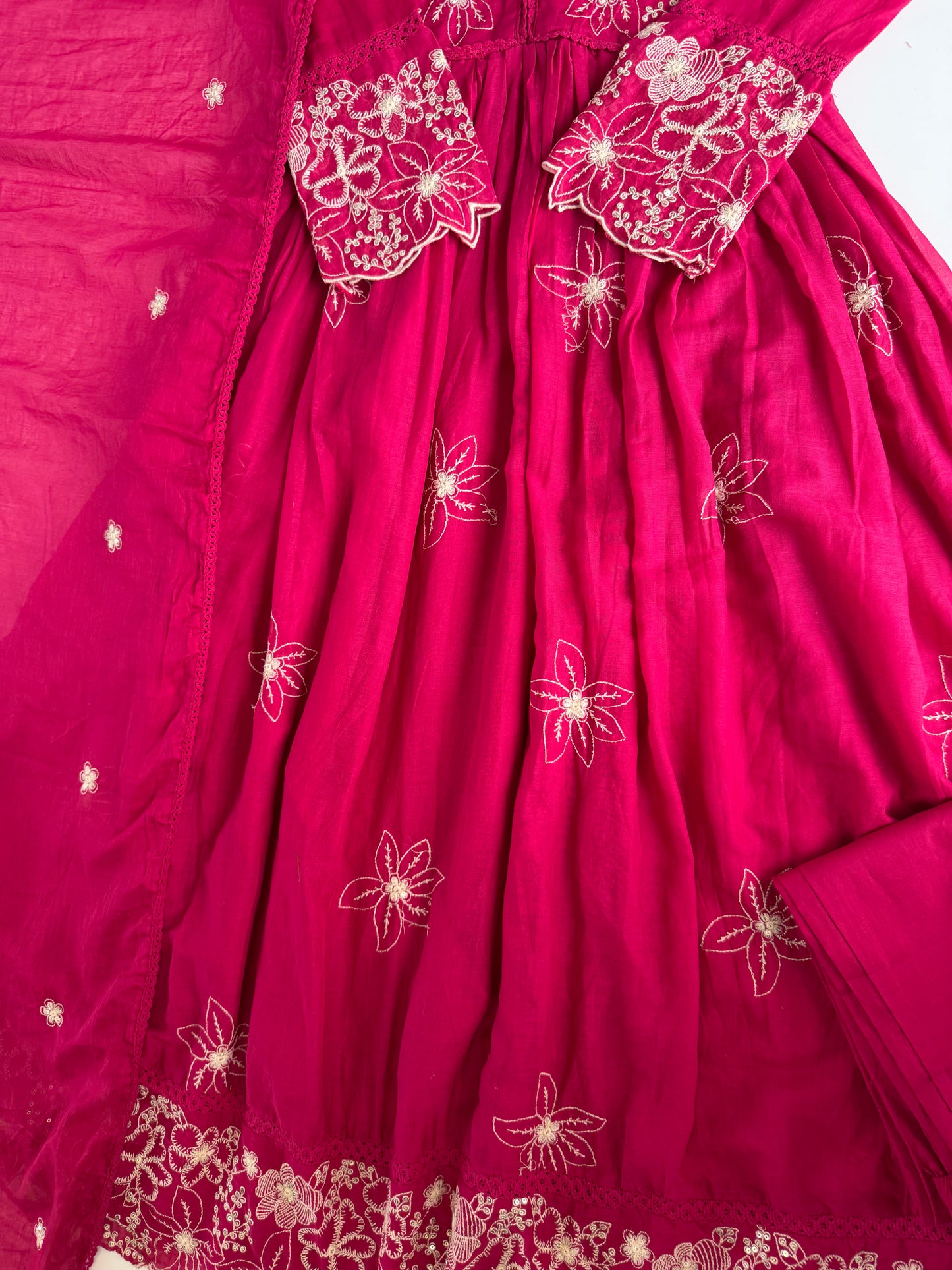 K613 - Mul cotton embroidered Anarkali with pants and dupatta