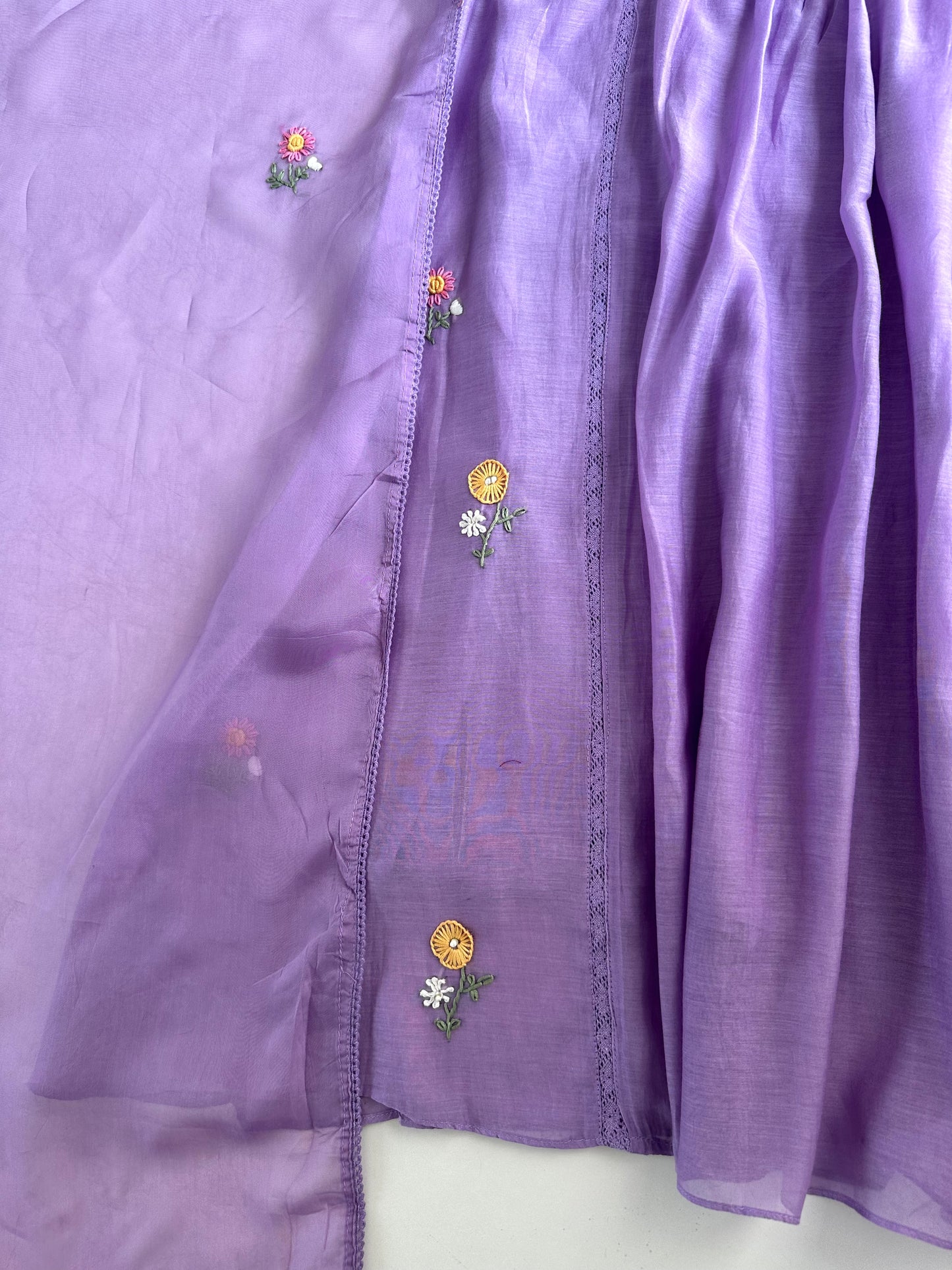 K043 - Mul chanderi embroidered Aline Kurti with pants and dupatta