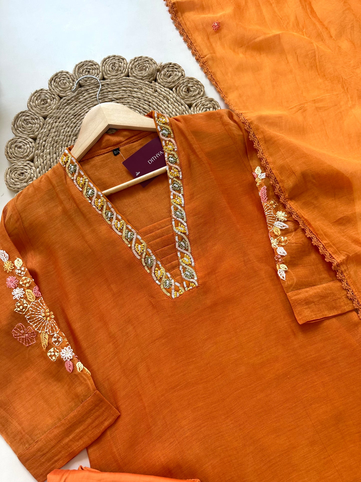K009 - Mul Chanderi handwork Aline Kurti with pants and dupatta.