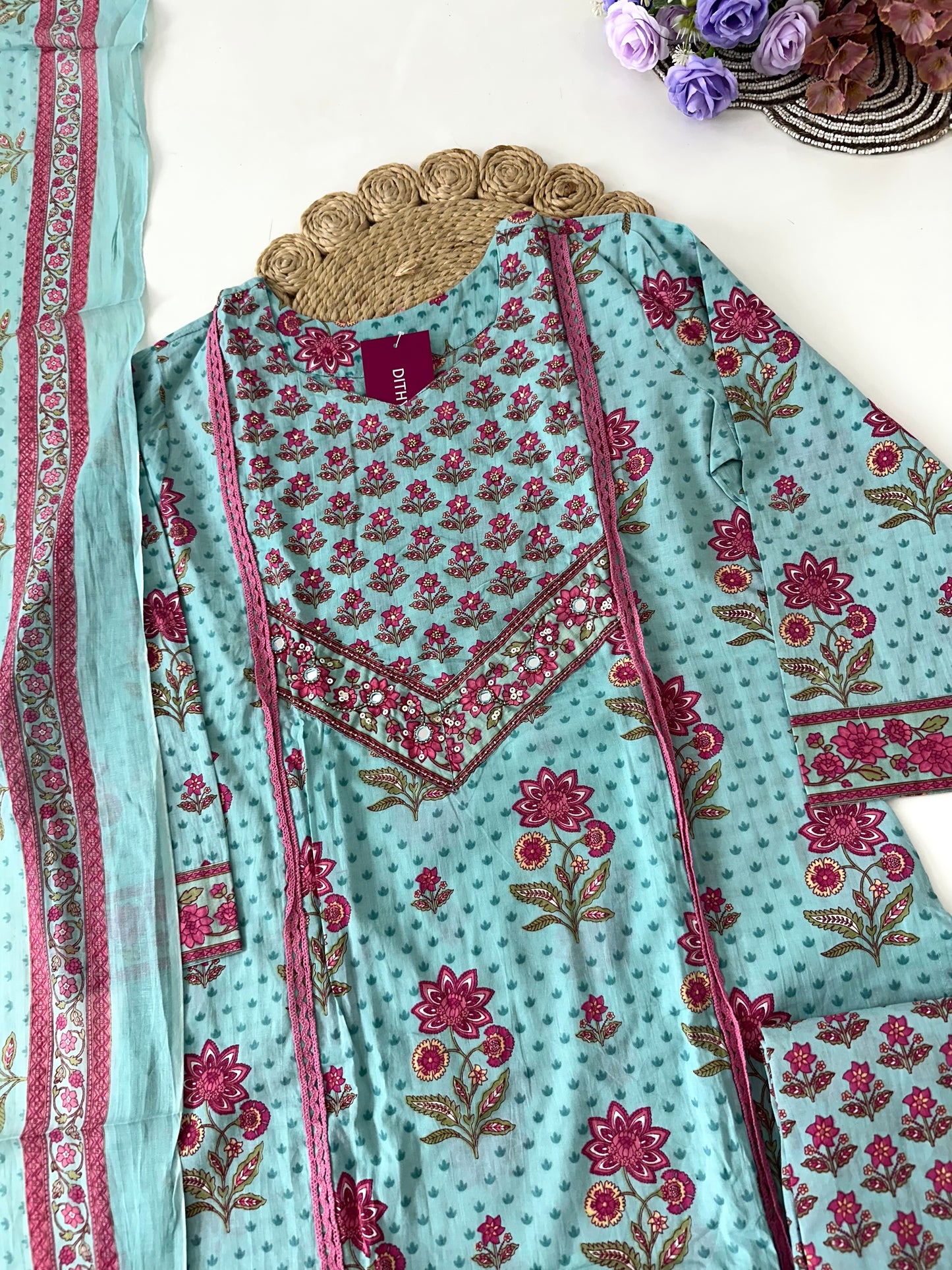K348 - Cotton floral straight kurti with pants and dupatta