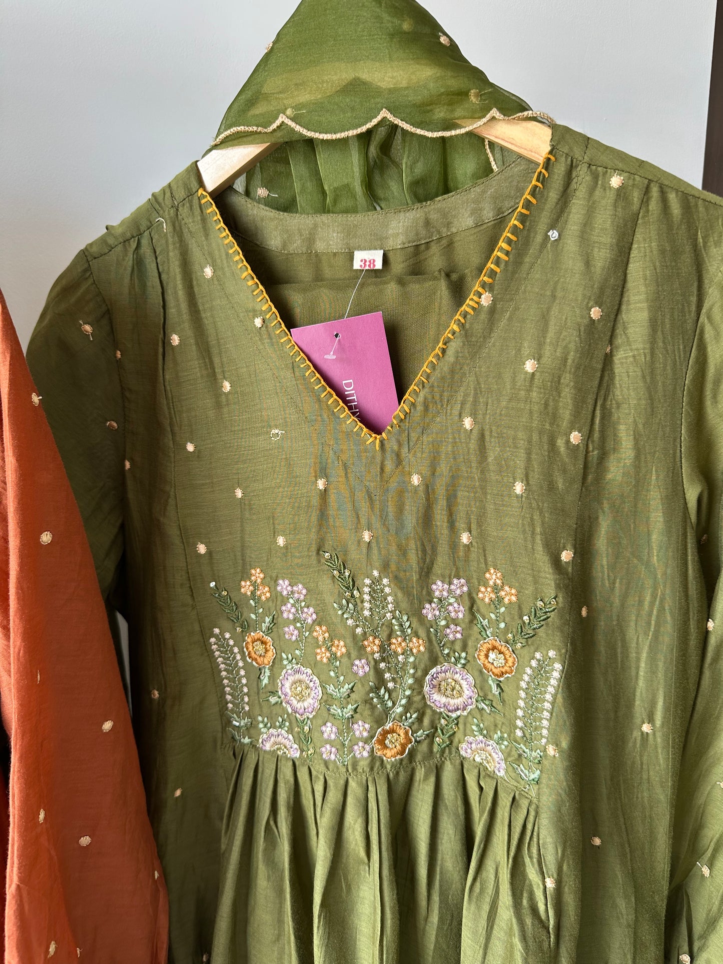 K178 - Mul Chanderi handwork Aline Kurti with pants and dupatta in 2 colours