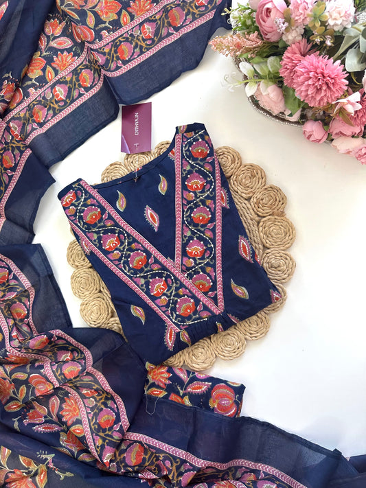 K046 - Cotton floral Aline Kurti with pants and dupatta.