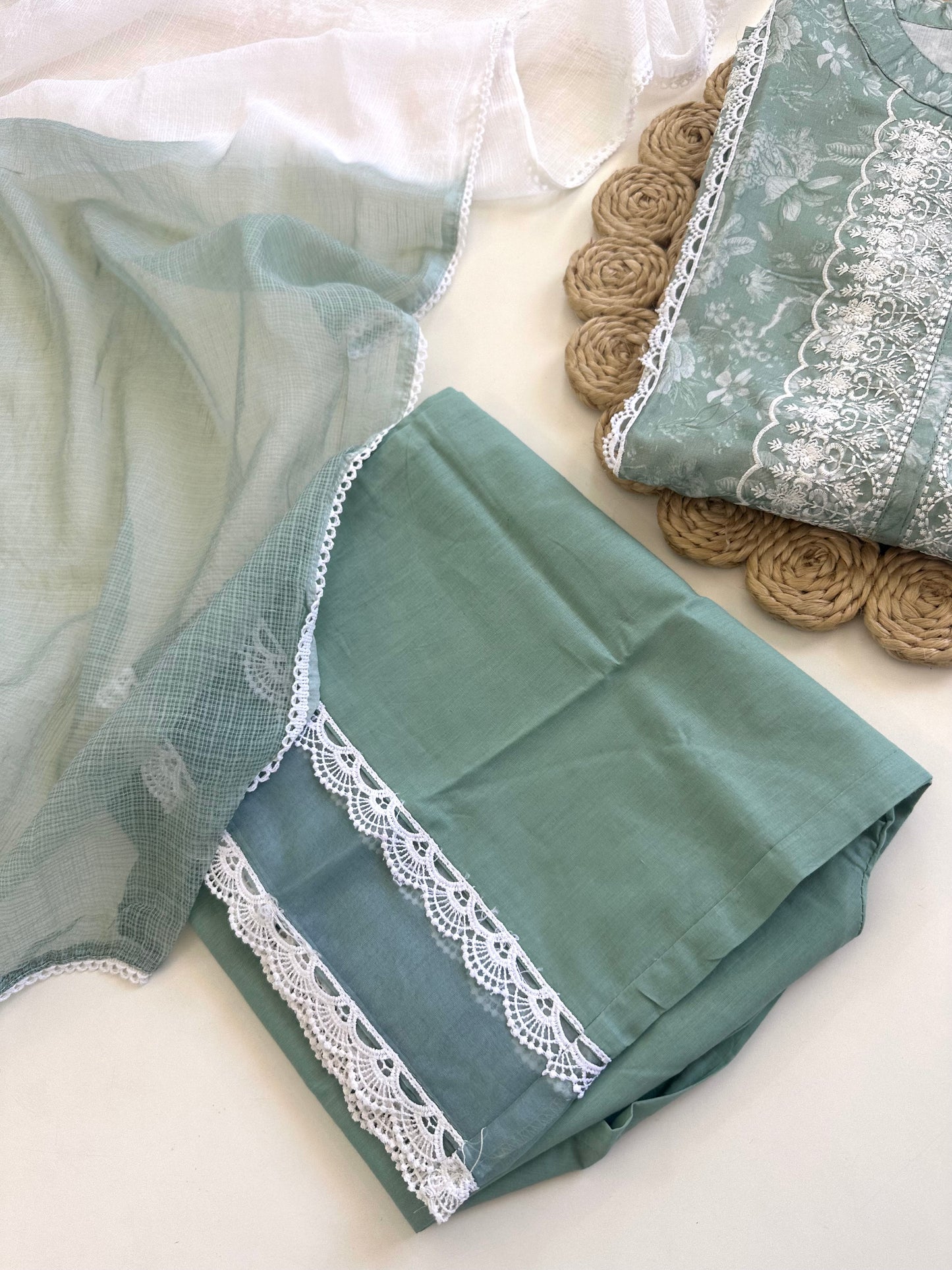 K269 - Rayon embroidered paki straight kurti with palazzo and dupatta in 2 colours