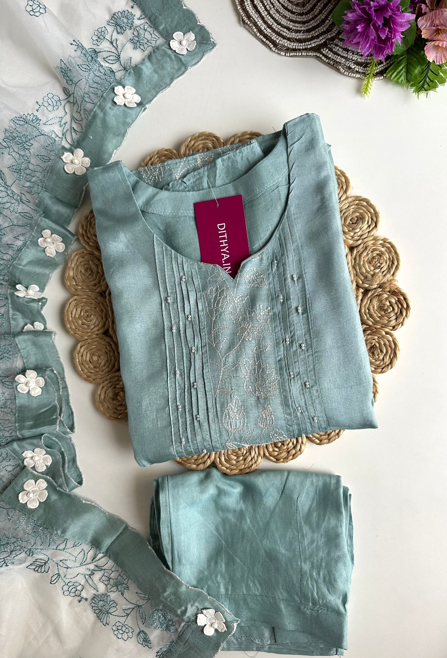 K029 - Russian silk embroidered Anarkali with pants and dupatta
