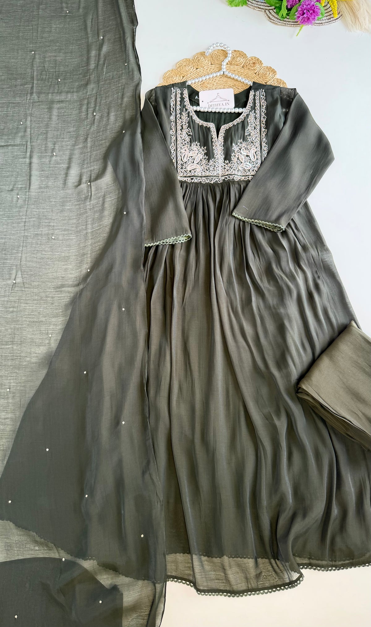 K565 - Mul chanderi handwork Anarkali with pants and dupatta