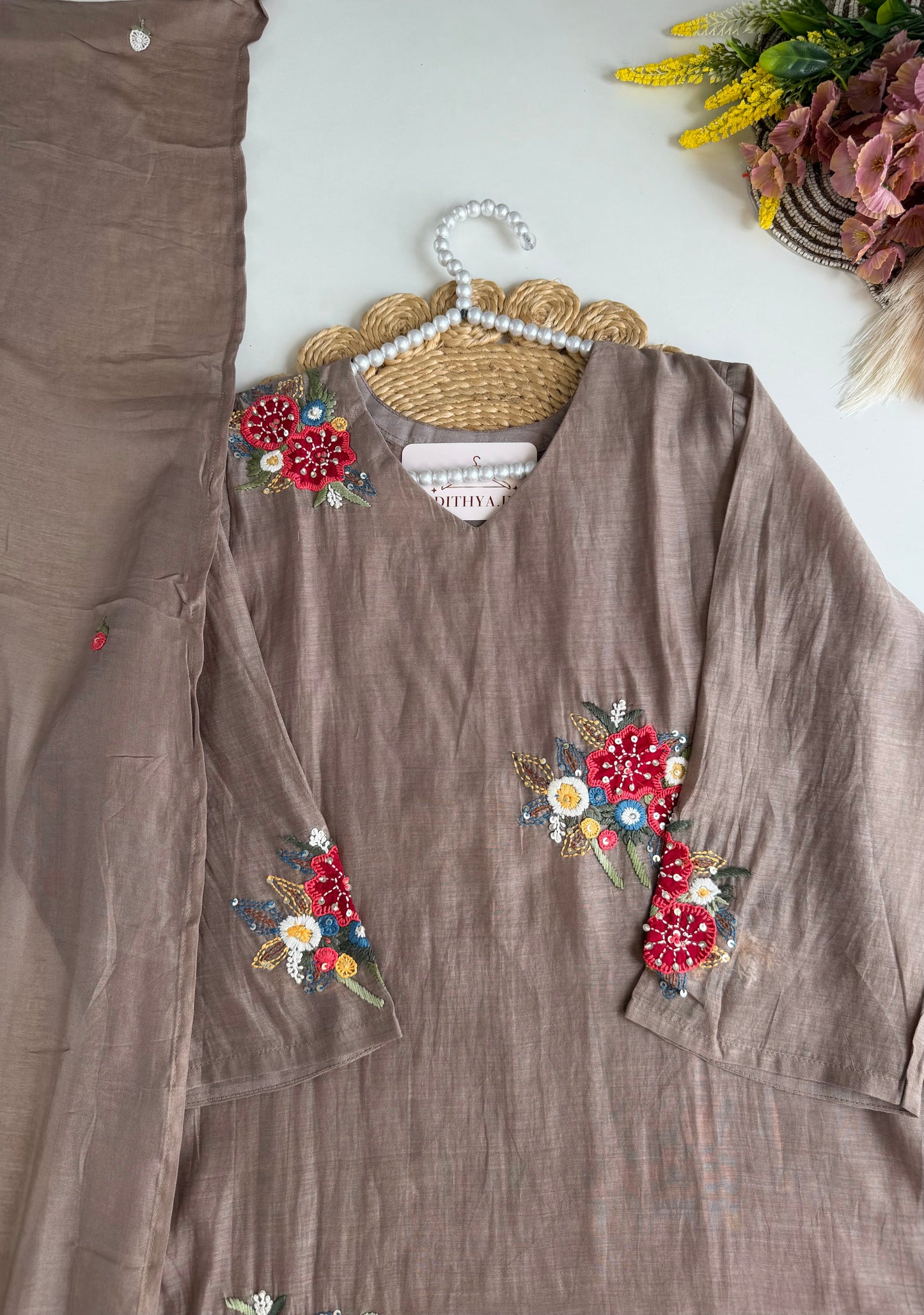 K509 - Mul chanderi embroidered aline Kurti with pants and dupatta