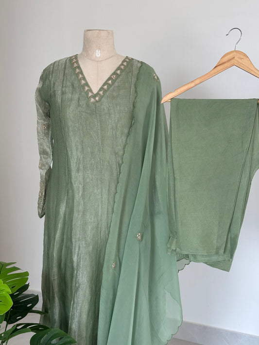 K148 - Tissue silk handwork Anarkali with pants and dupatta