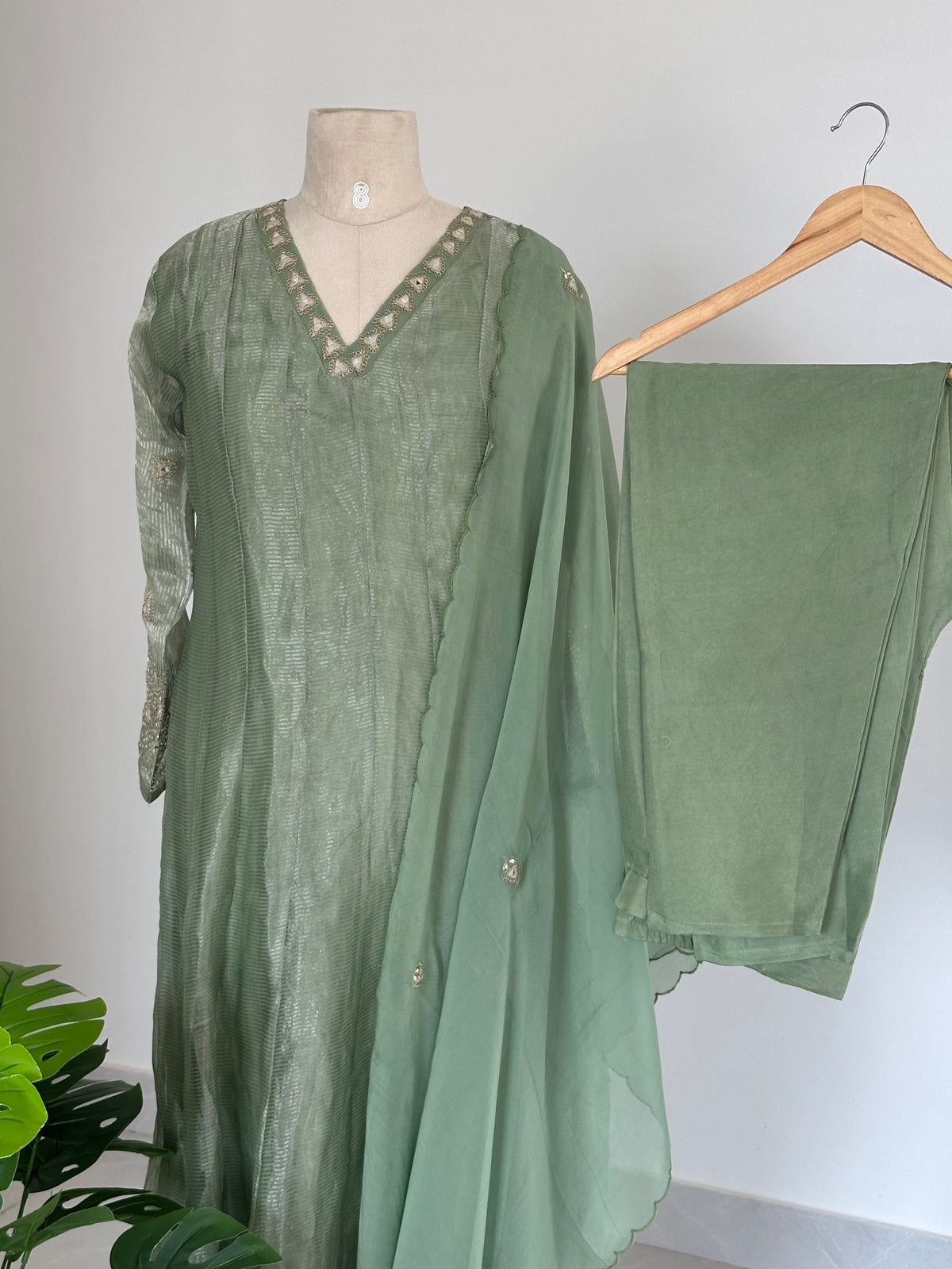 K148 - Tissue silk handwork Anarkali with pants and dupatta