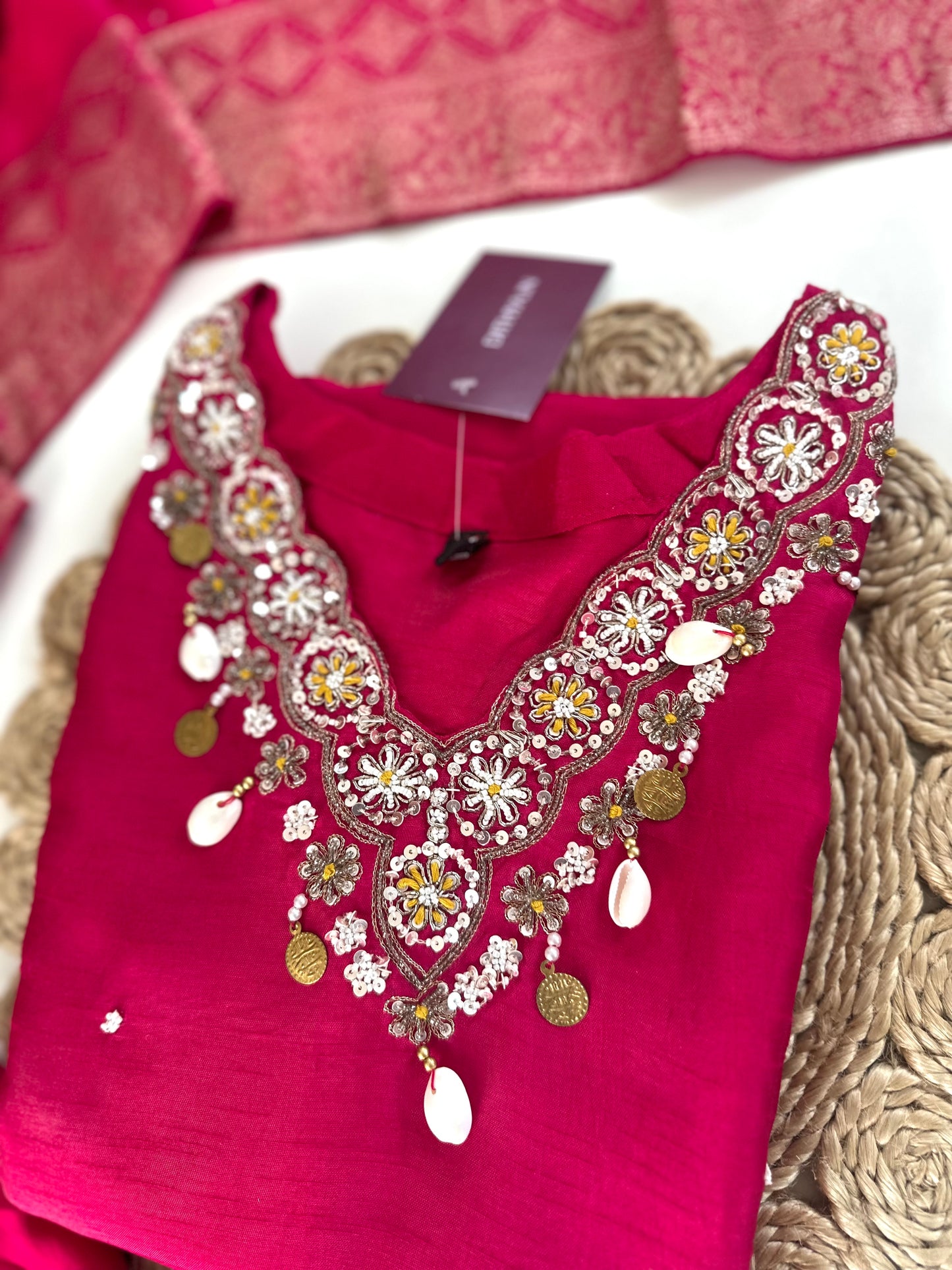 K241 - Russian silk handwork Straight kurti with pants and Banarasi silk dupatta .