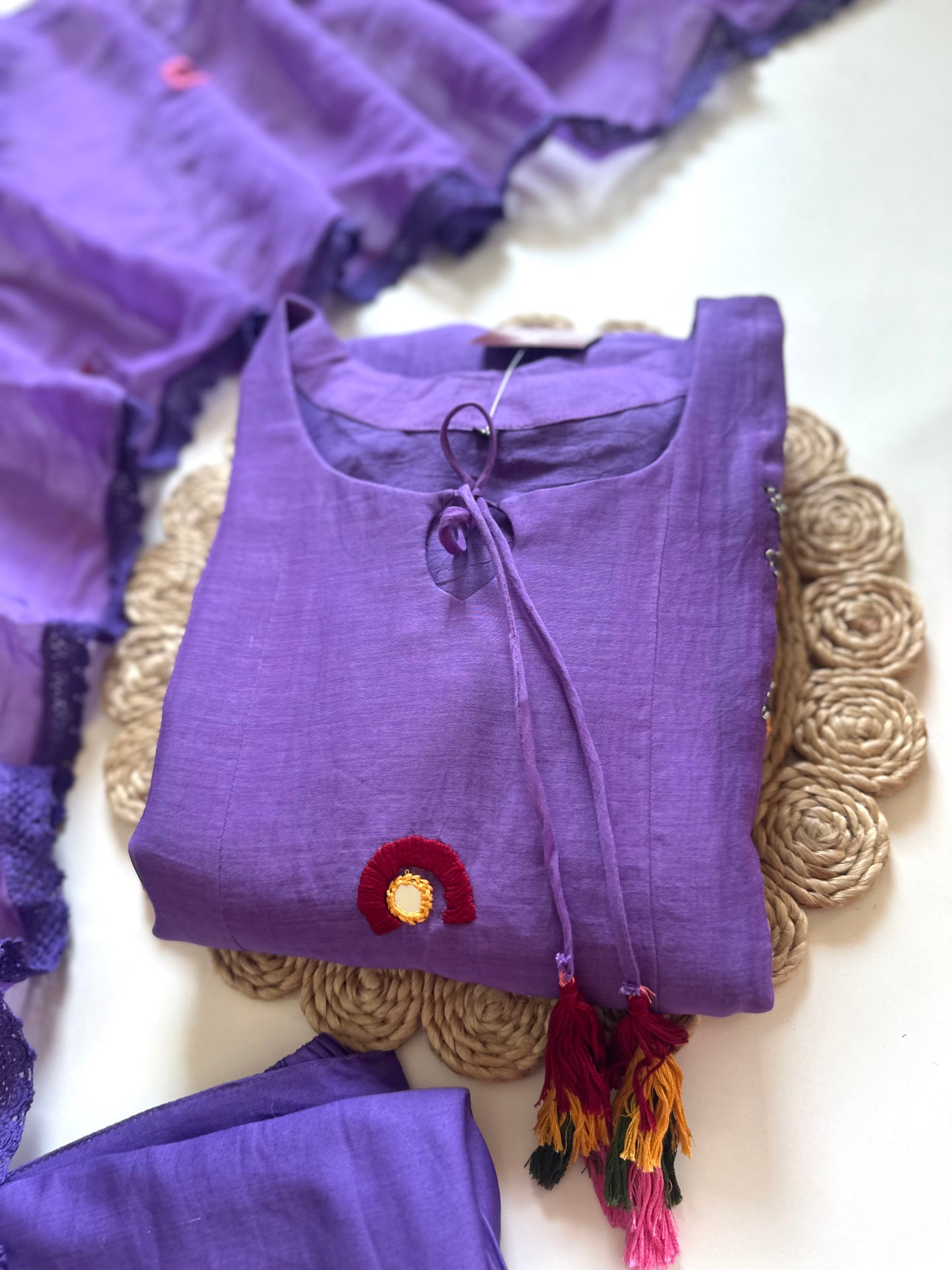 K107 - Mul Chanderi embroidered Aline Kurti with pants and dupatta.