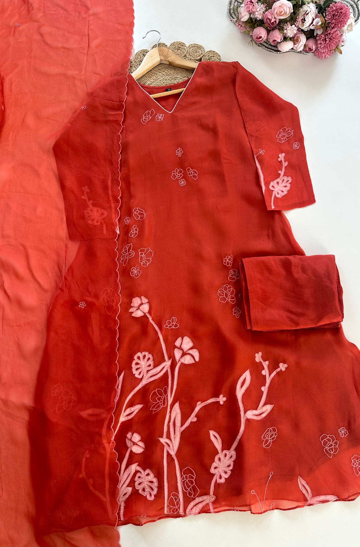 K225 - Pure viscose organza appliqué work Aline Kurti with pants and dupatta in 2 colours