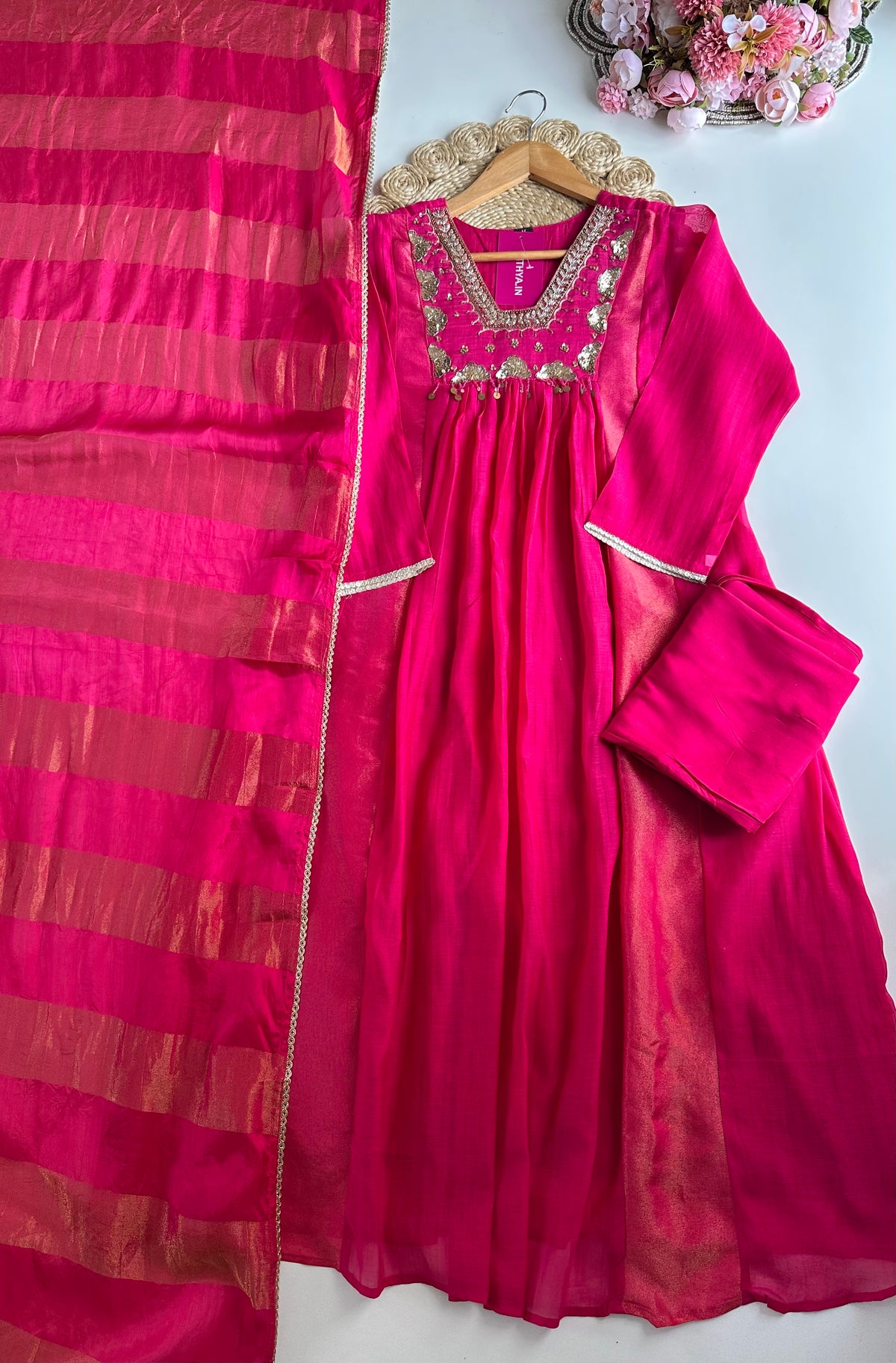 K405 - Mul Chanderi handwork Aline Kurti with pants and dupatta in 2 colours