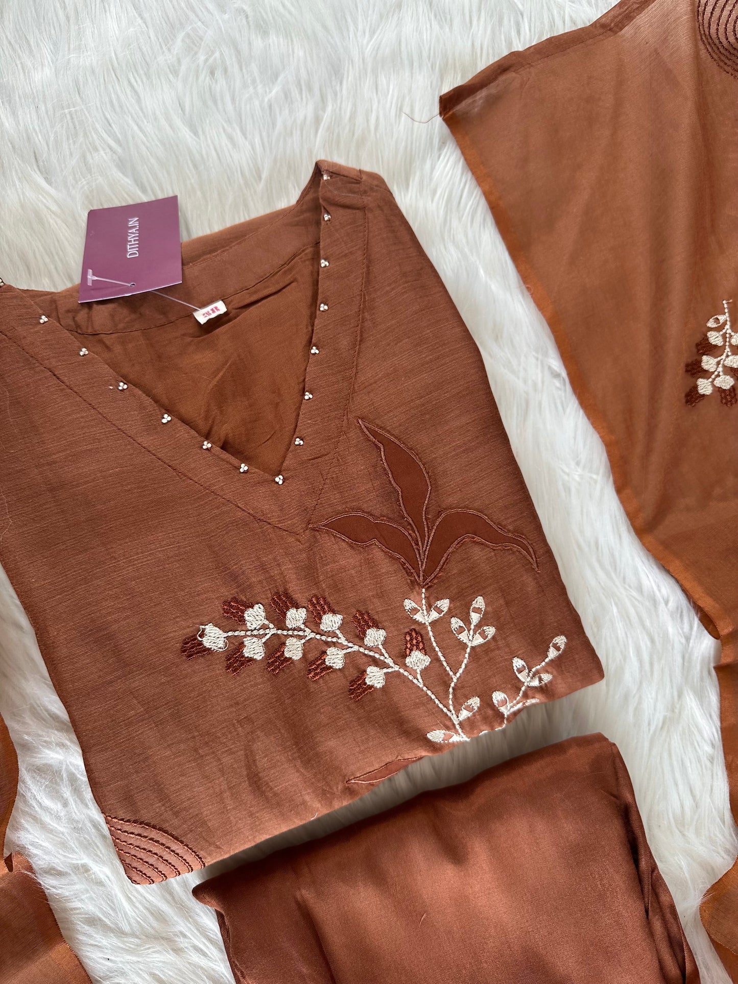 K210 - Mul Chanderi appliqué work Anarkali with pants and dupatta in 2 colours