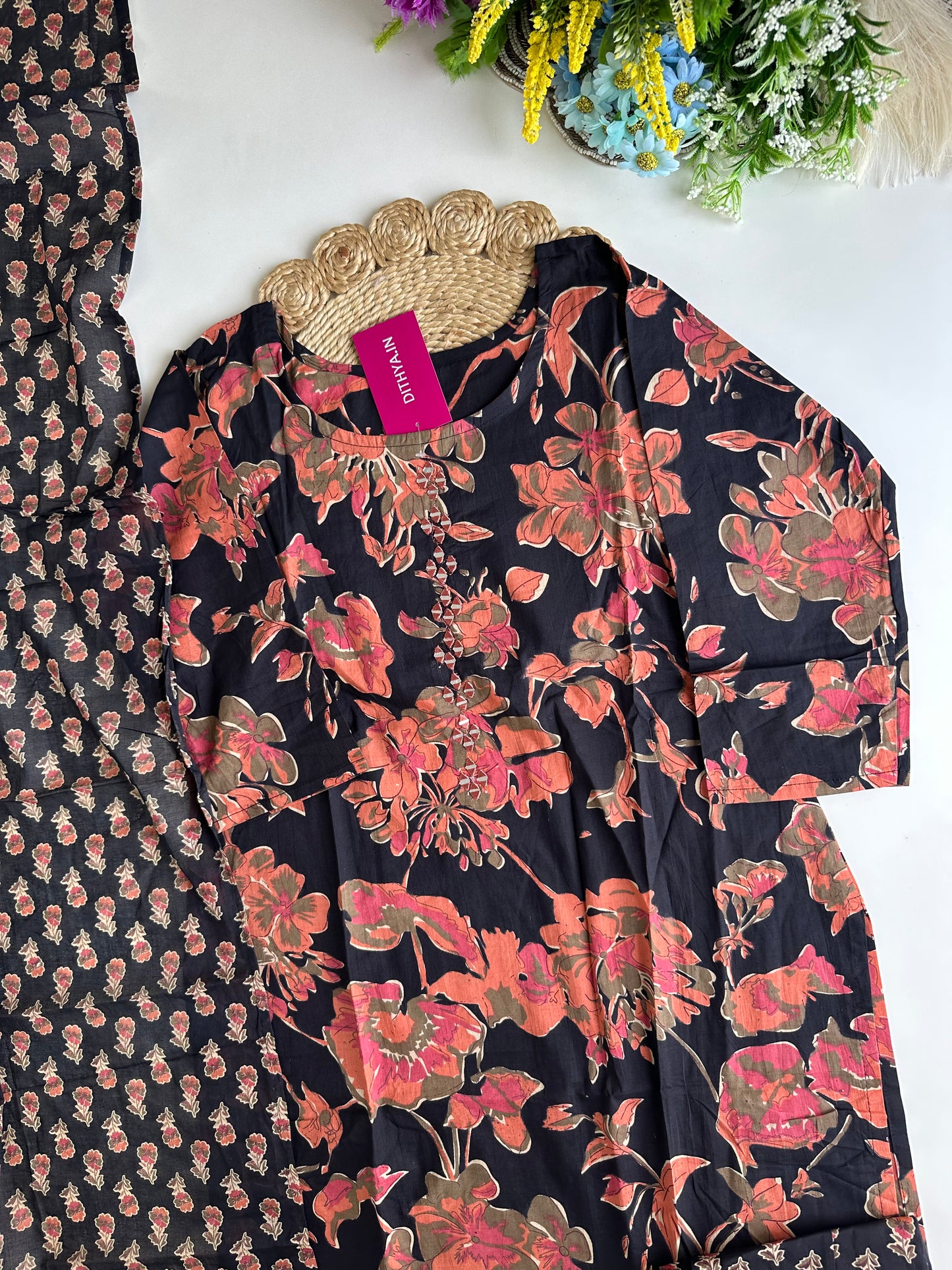 K071 - Cotton floral straight Kurti with pants and dupatta in 4 colours