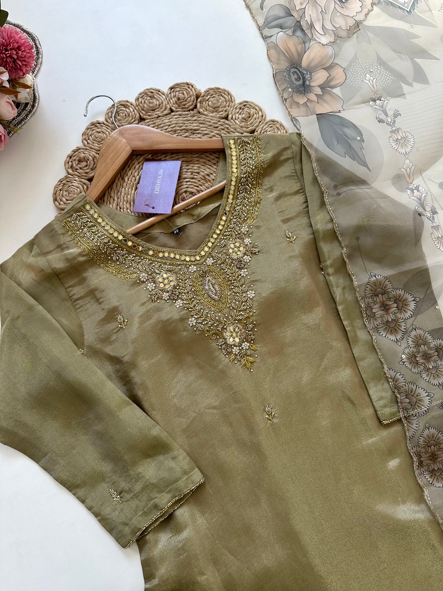 K122 - Tissue silk straight kurti with pants and dupatta.