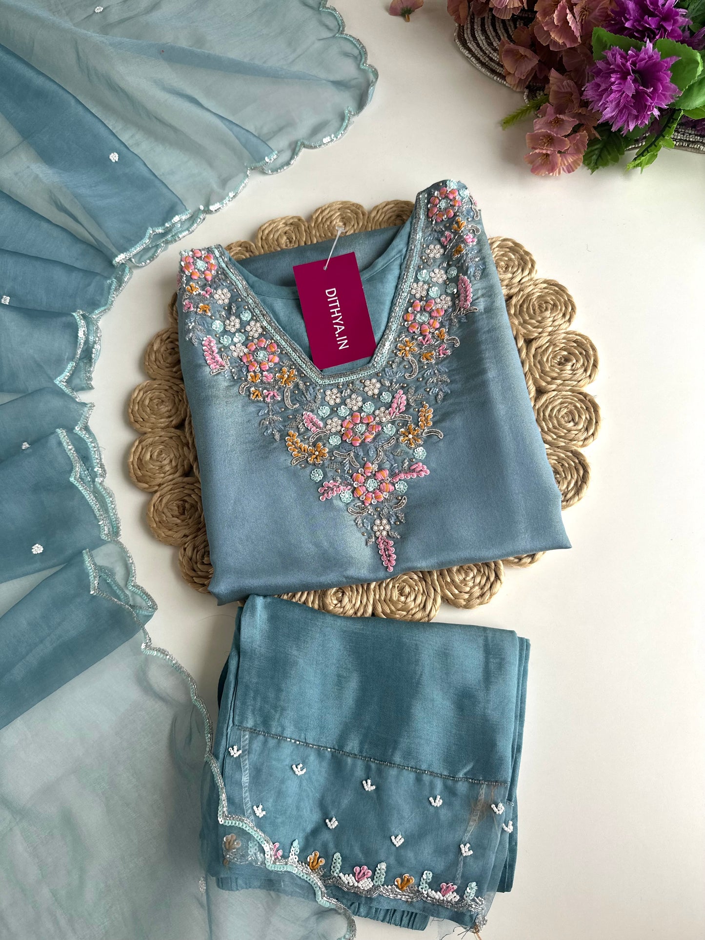 K138 - Tissue silk handwork straight Kurti with pants and dupatta