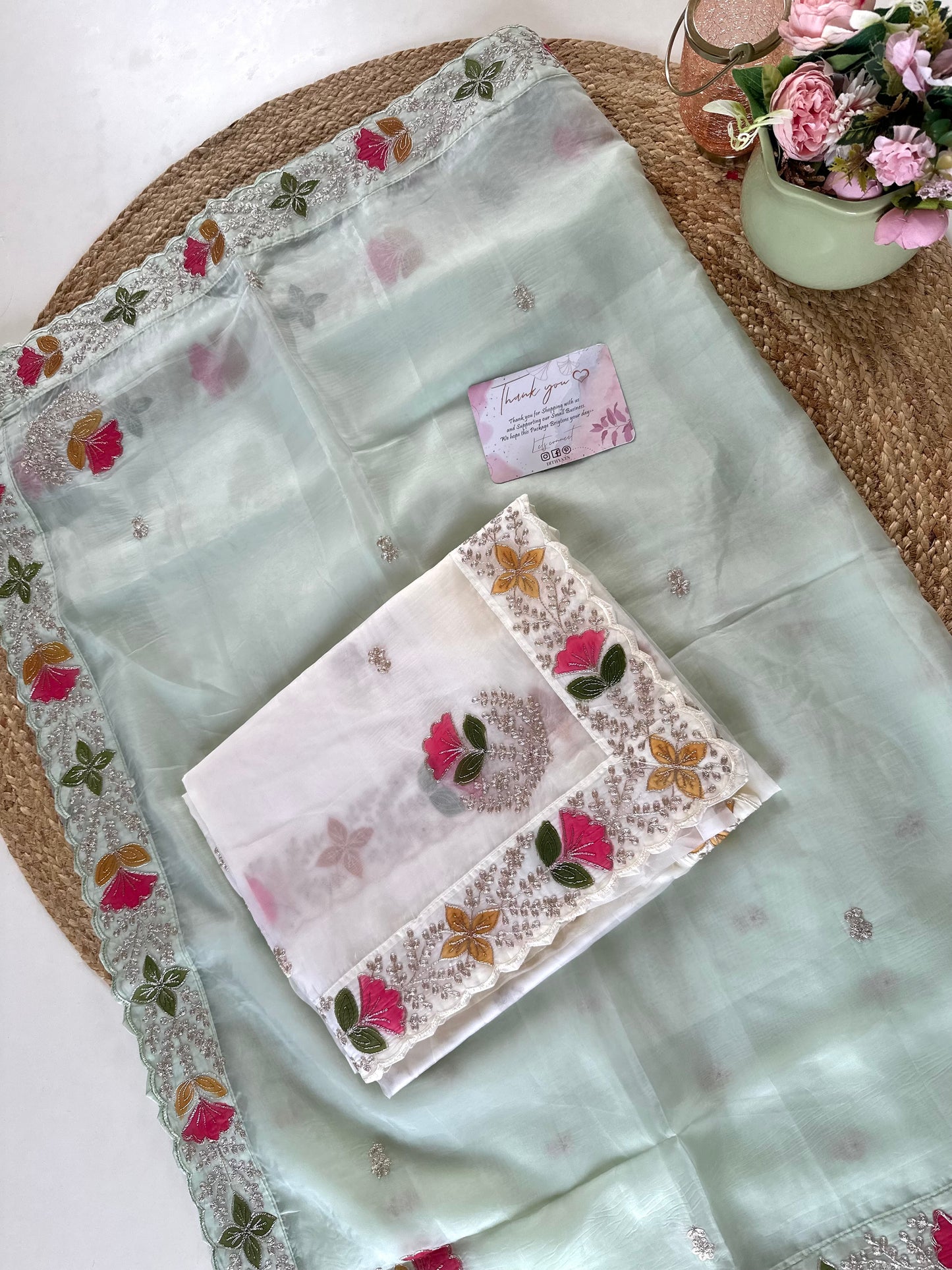 S015 - Soft Organza pita work saree in 2 colours.