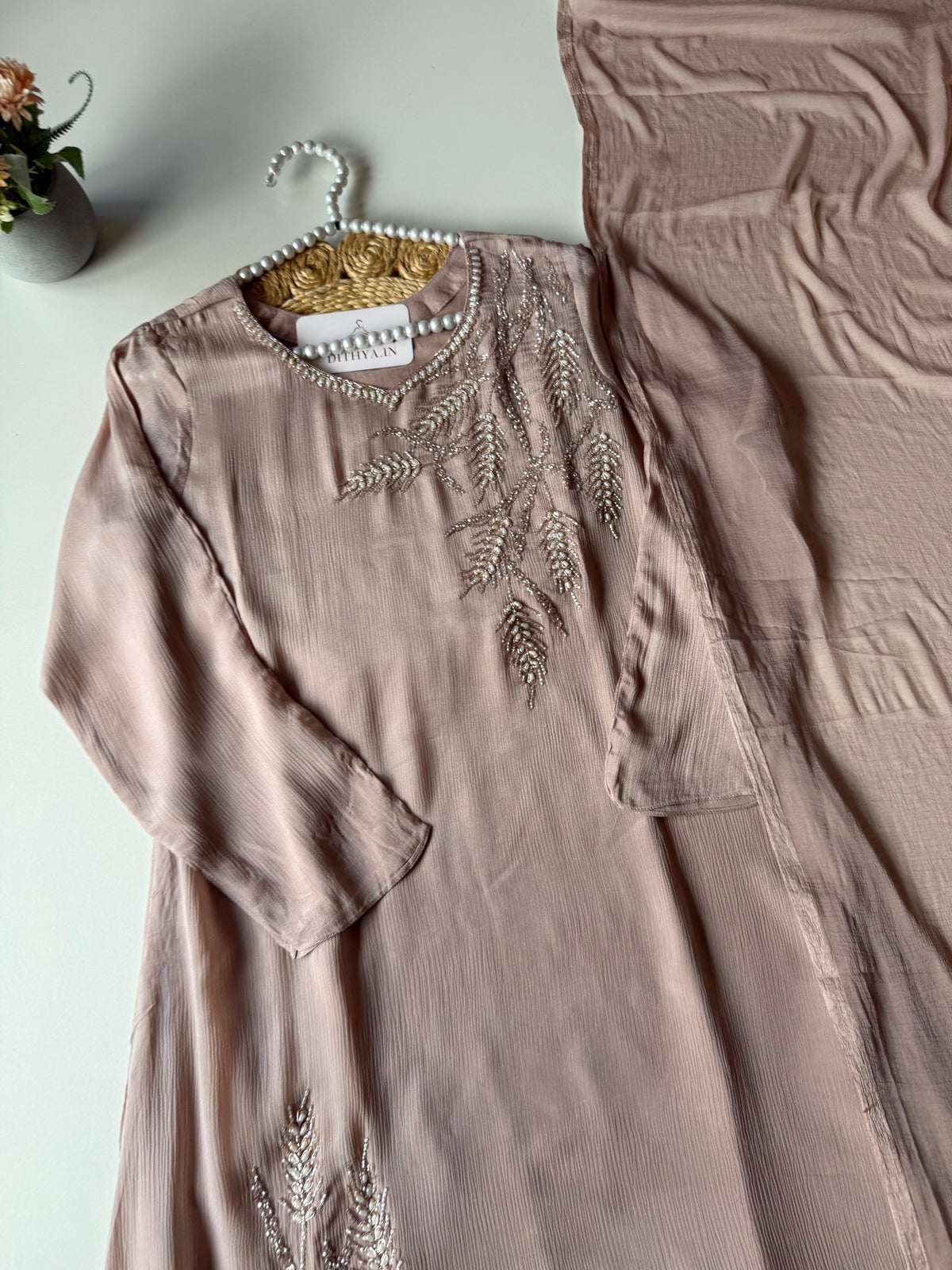 K482 - Pure Chinnon handwork aline Kurti with pants and dupatta