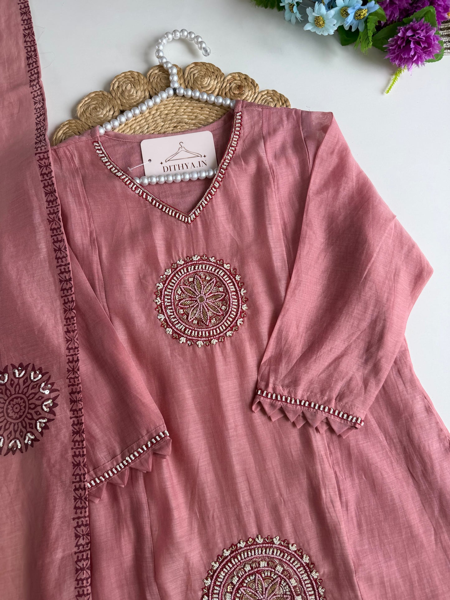 K560 - Mul chanderi Handwork Aline Kurti with pants and dupatta