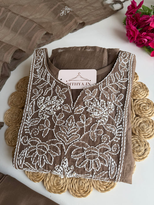 K729 - Mul chanderi embroidered Aline Kurti with pants and dupatta
