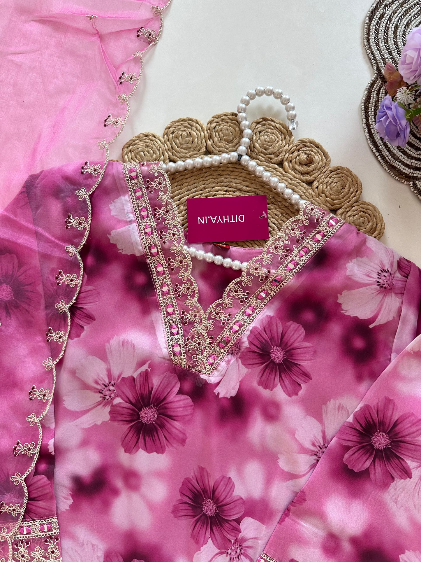 D118 - Viscose Organza silk straight kurti with pants and dupatta