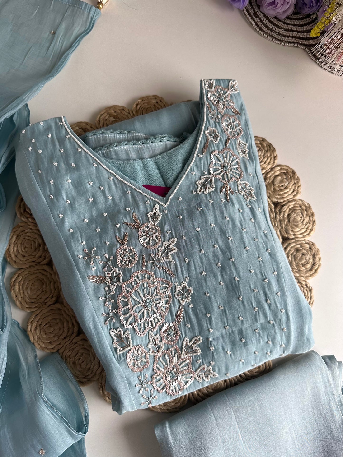 K178 - Mul Chanderi handwork Anarkali with pants and dupatta in 2 colours
