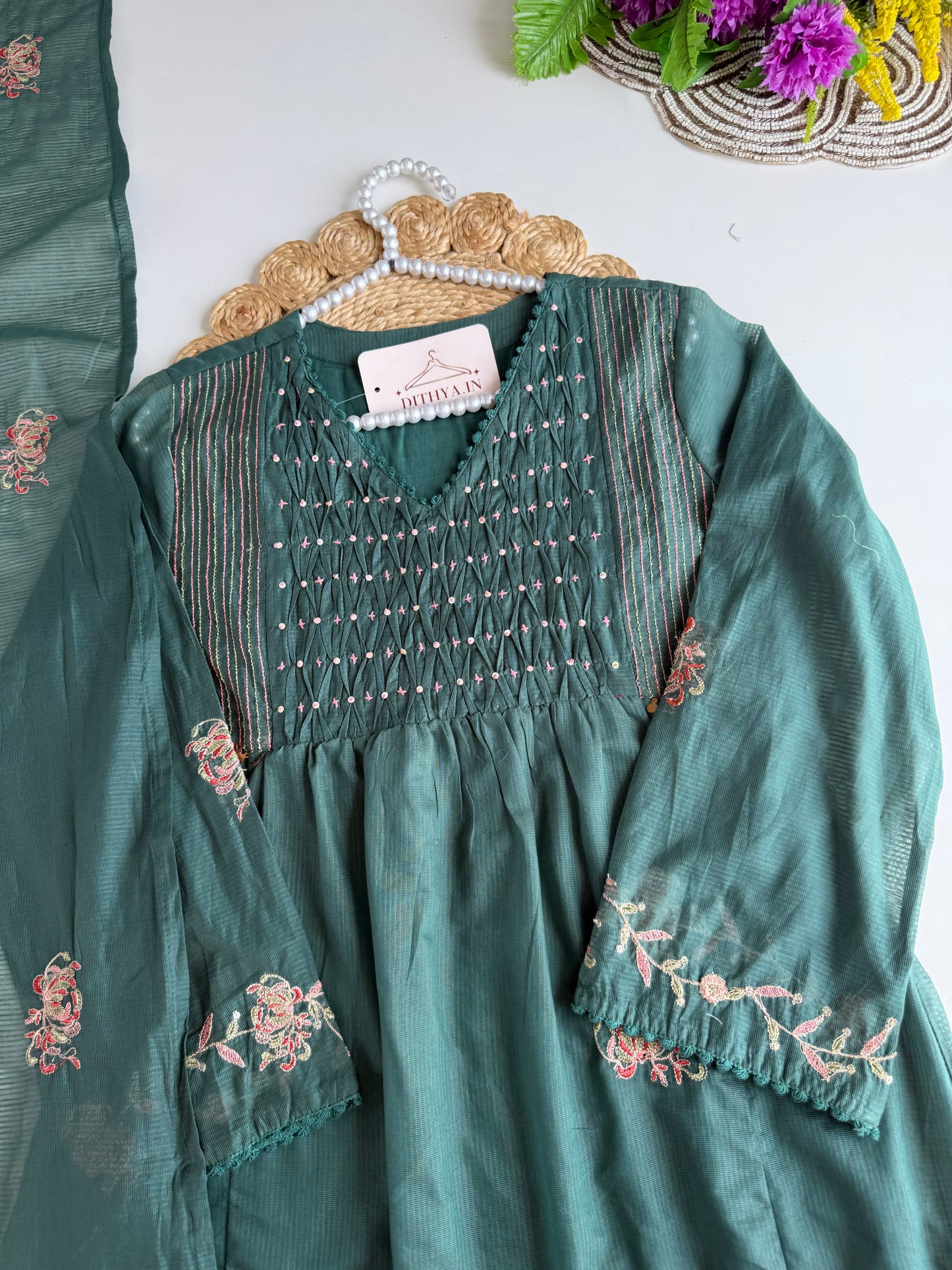 K492 - Mul chanderi handwork Anarkali with pants and dupatta