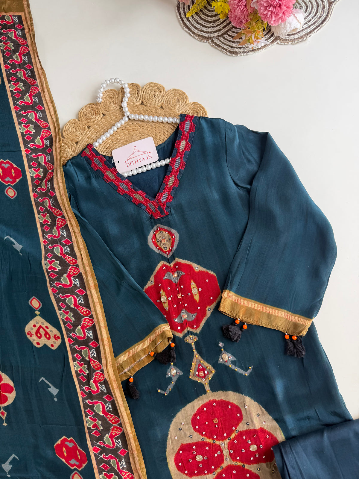 K044 - Pure crape handwork ajrakh straight Kurti with pants and dupatta
