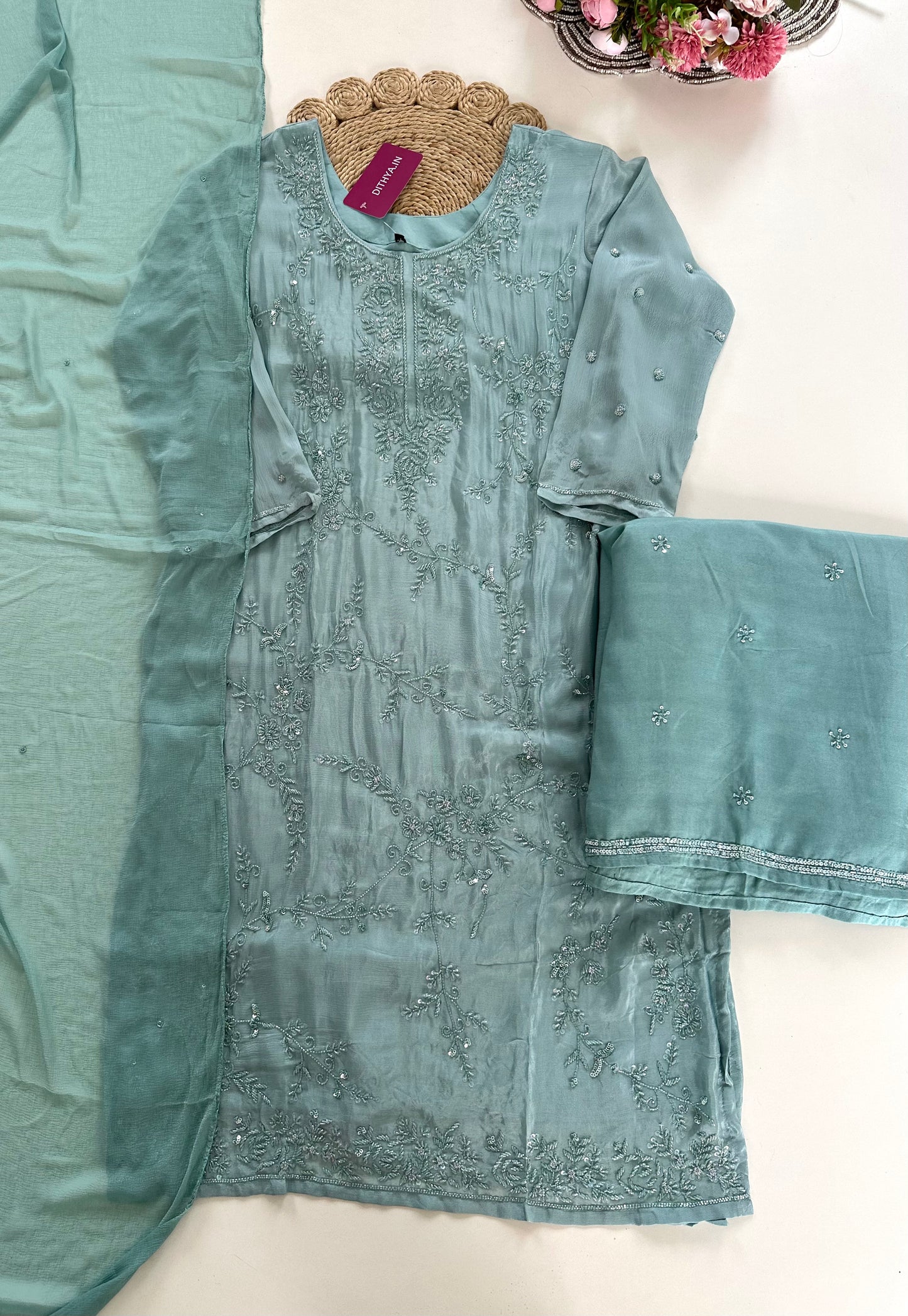 K256 - Chinnon Handwork Kurti with palazzo pants and chiffon dupatta