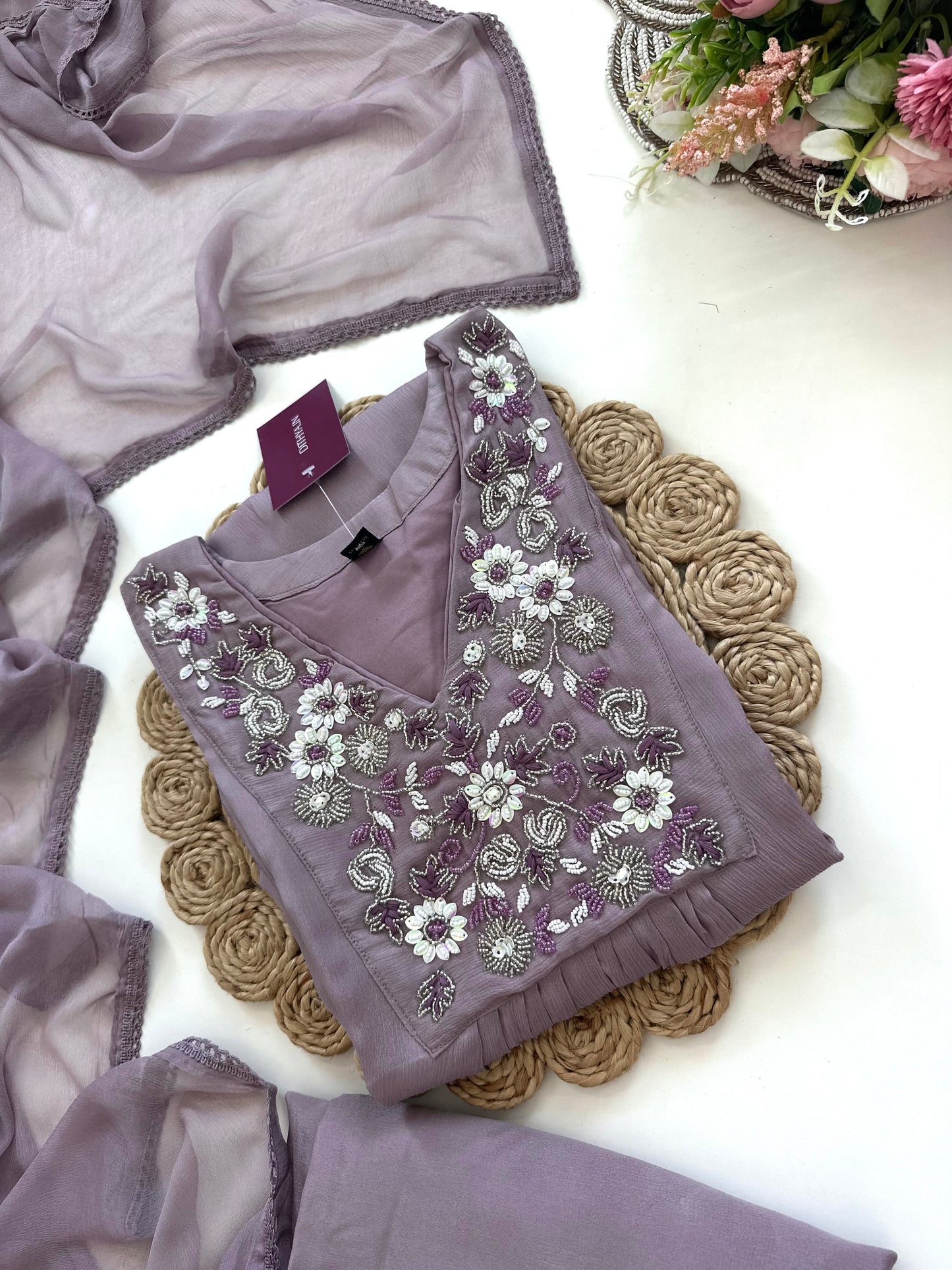 K232 - Chinnon handwork Aline Kurti with palazzo and dupatta