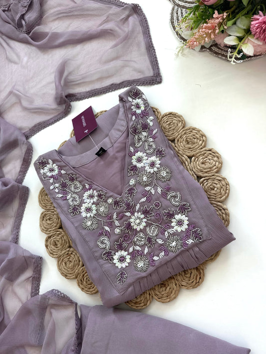 K232 - Chinnon handwork Aline Kurti with palazzo and dupatta