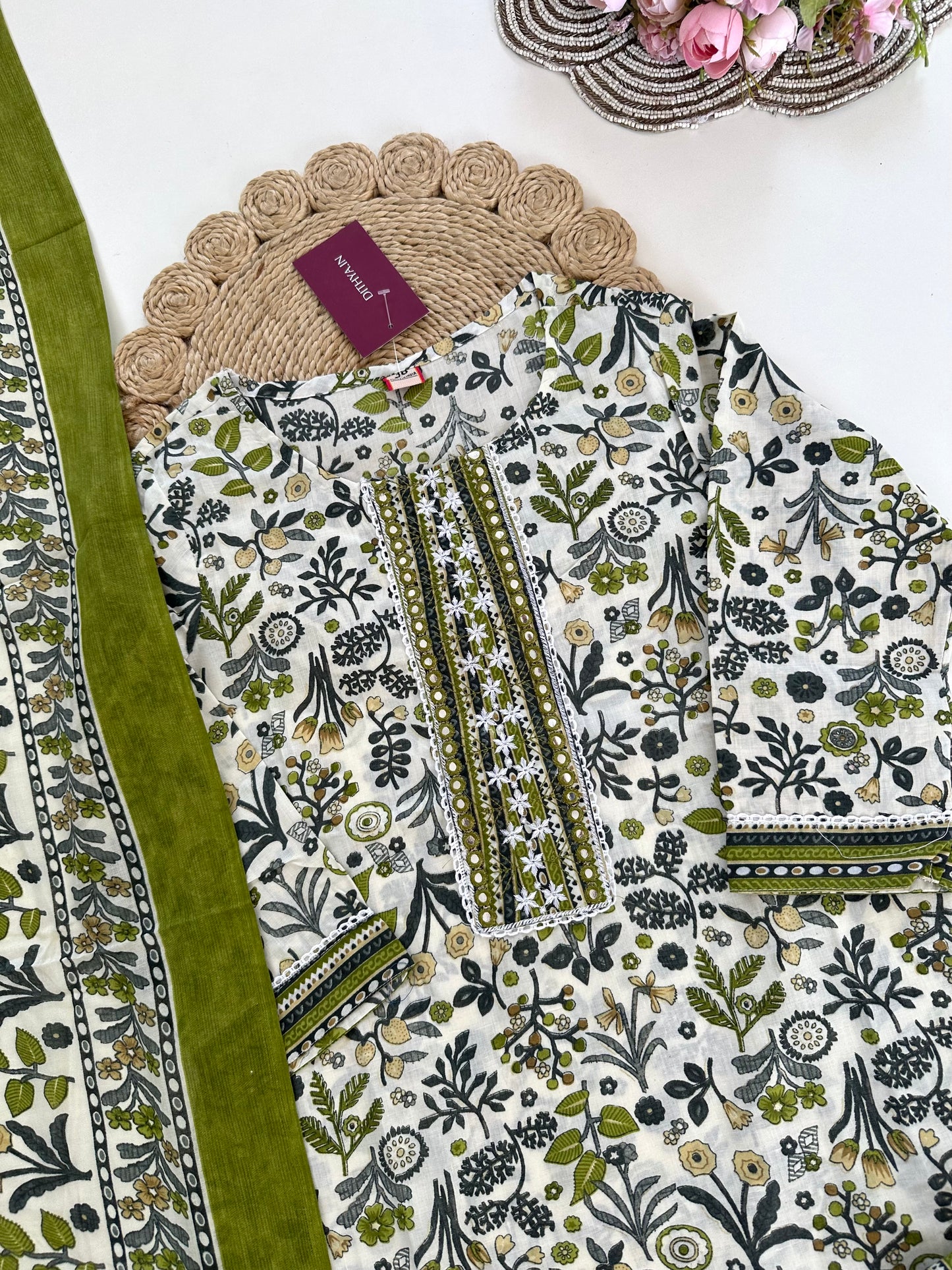 K164 - Cotton printed straight Kurti with pants and dupatta in 3 colours