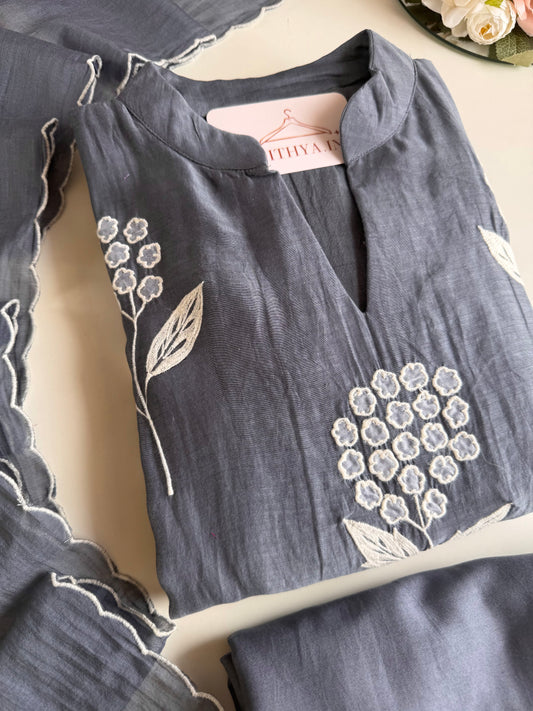 K336 - Mul chanderi appliqué embroidered Aline Kurti with pants and dupatta