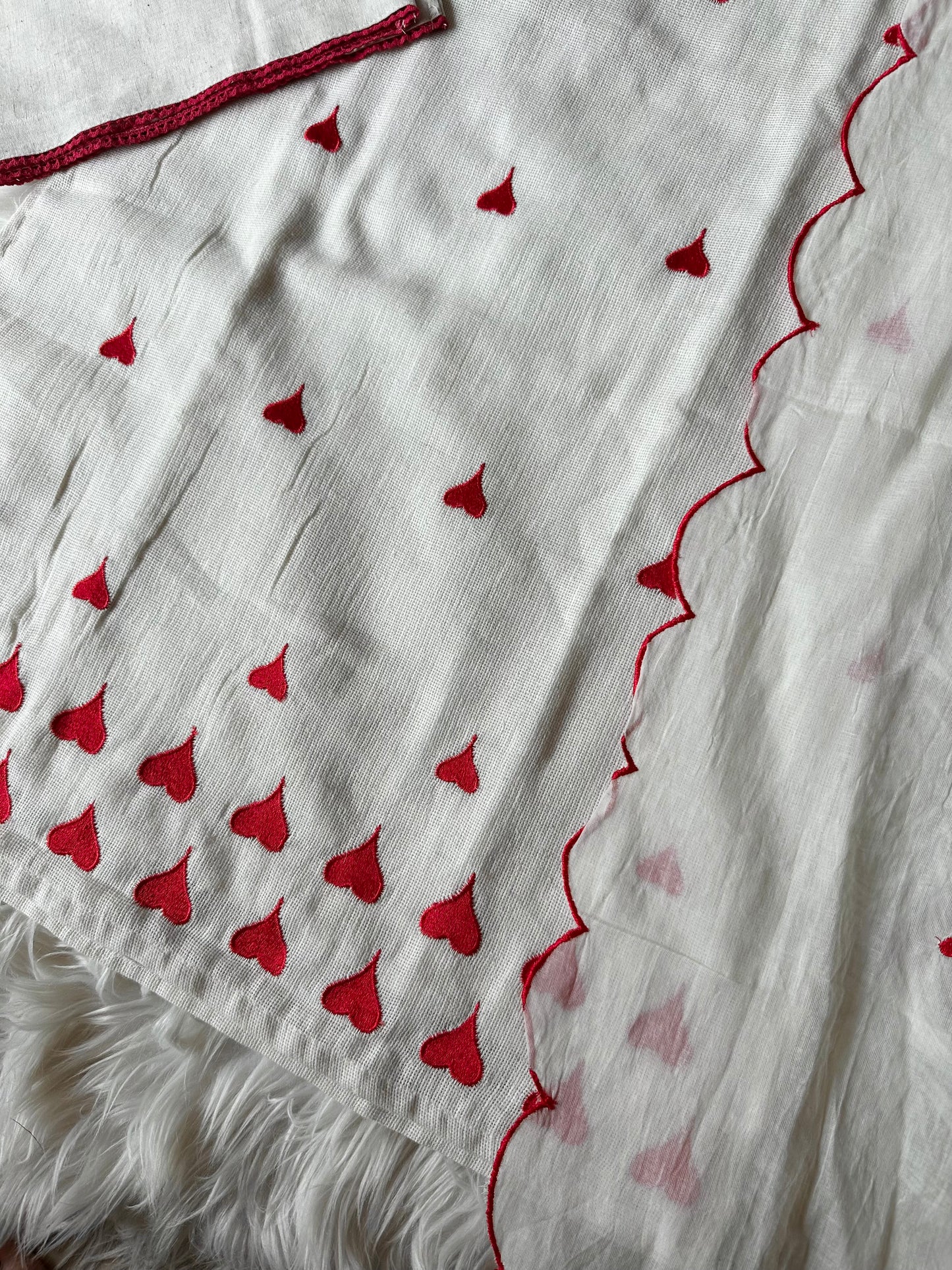 K206 - Slub cotton heart embroidered strap Kurti with pants and dupatta