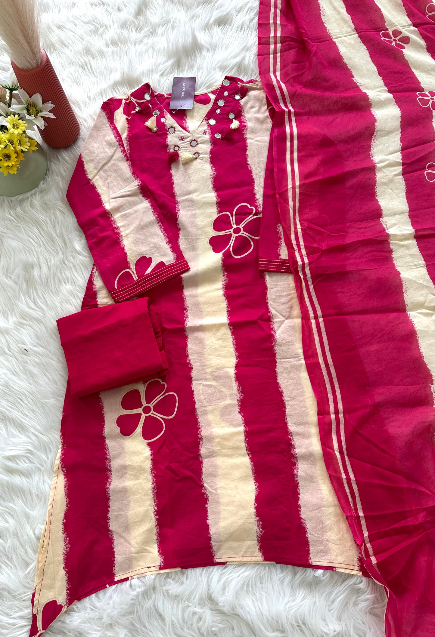 K337 - Cotton mirror work straight Kurti with pants and dupatta
