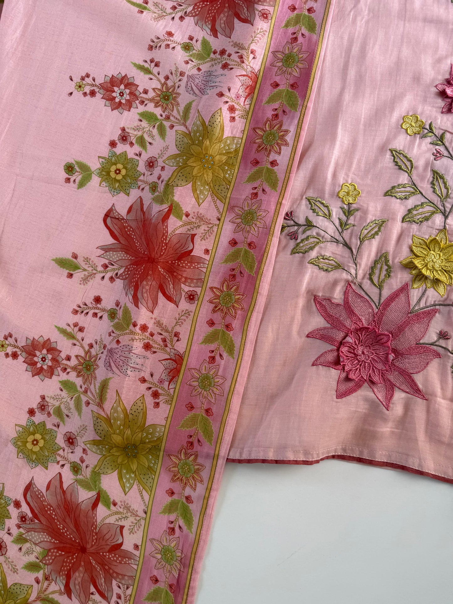 K227 - Mul cotton embroidered Aline Kurti with pants and dupatta