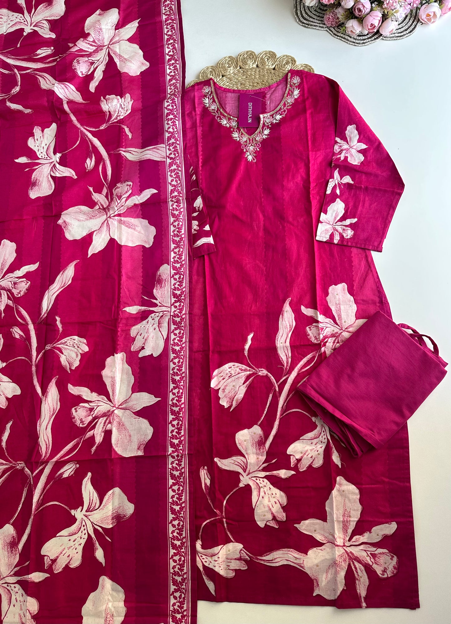 K177 - Cotton floral straight Kurti with pants and dupatta