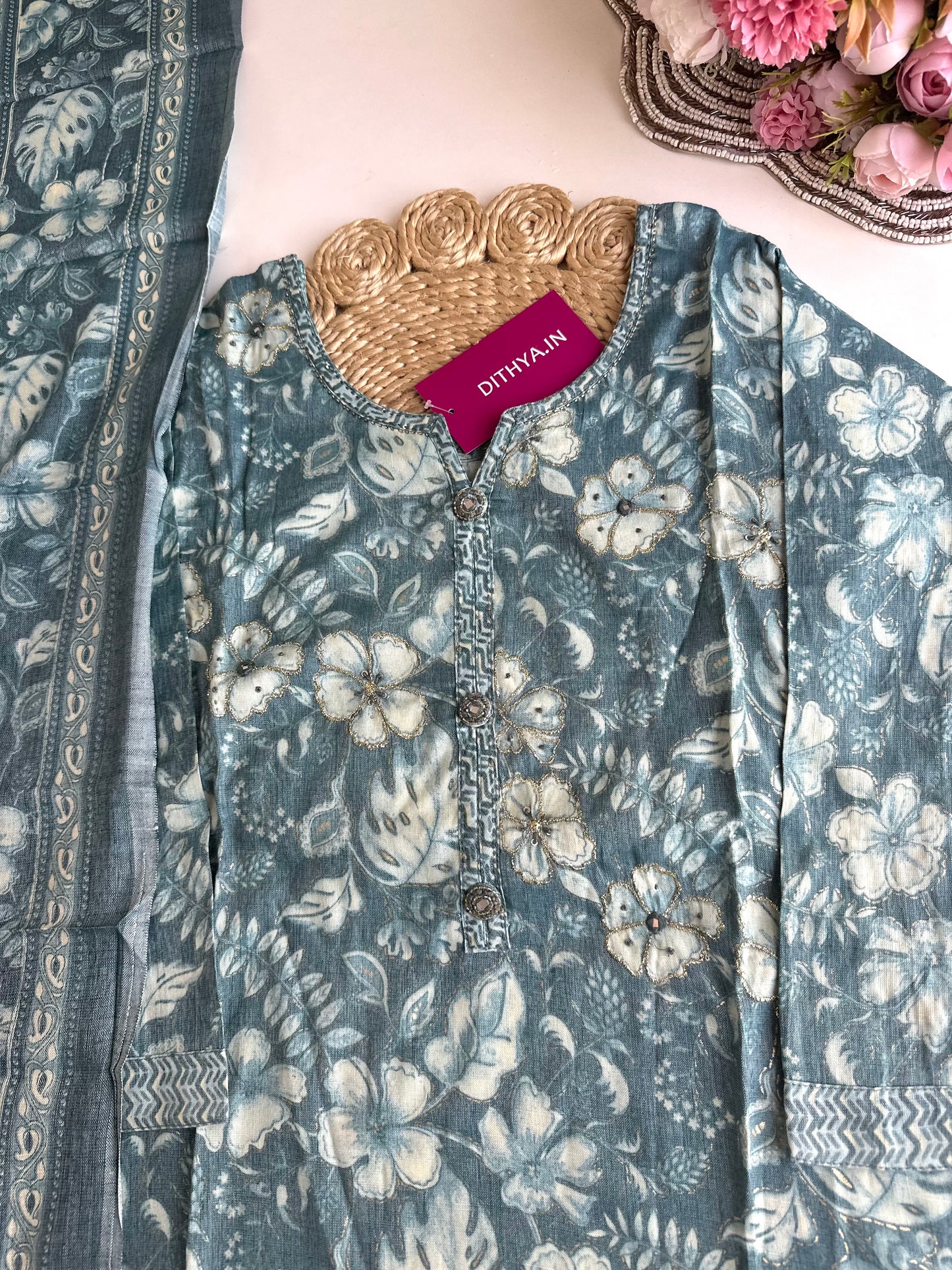 K054 - Cotton muslin floral straight Kurti with pants and dupatta