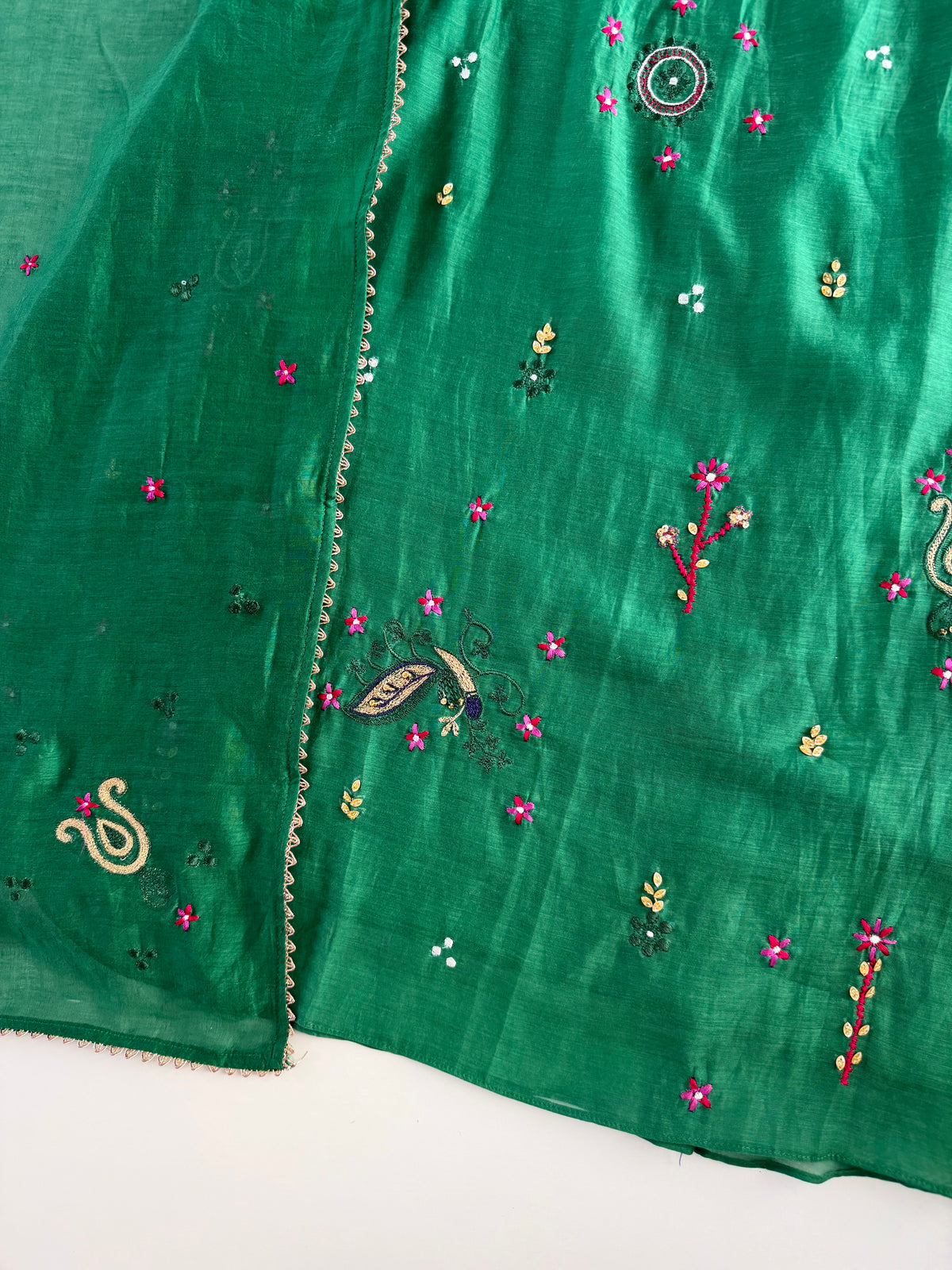 K618 - Mul chanderi handwork aline Kurti with pants and dupatta