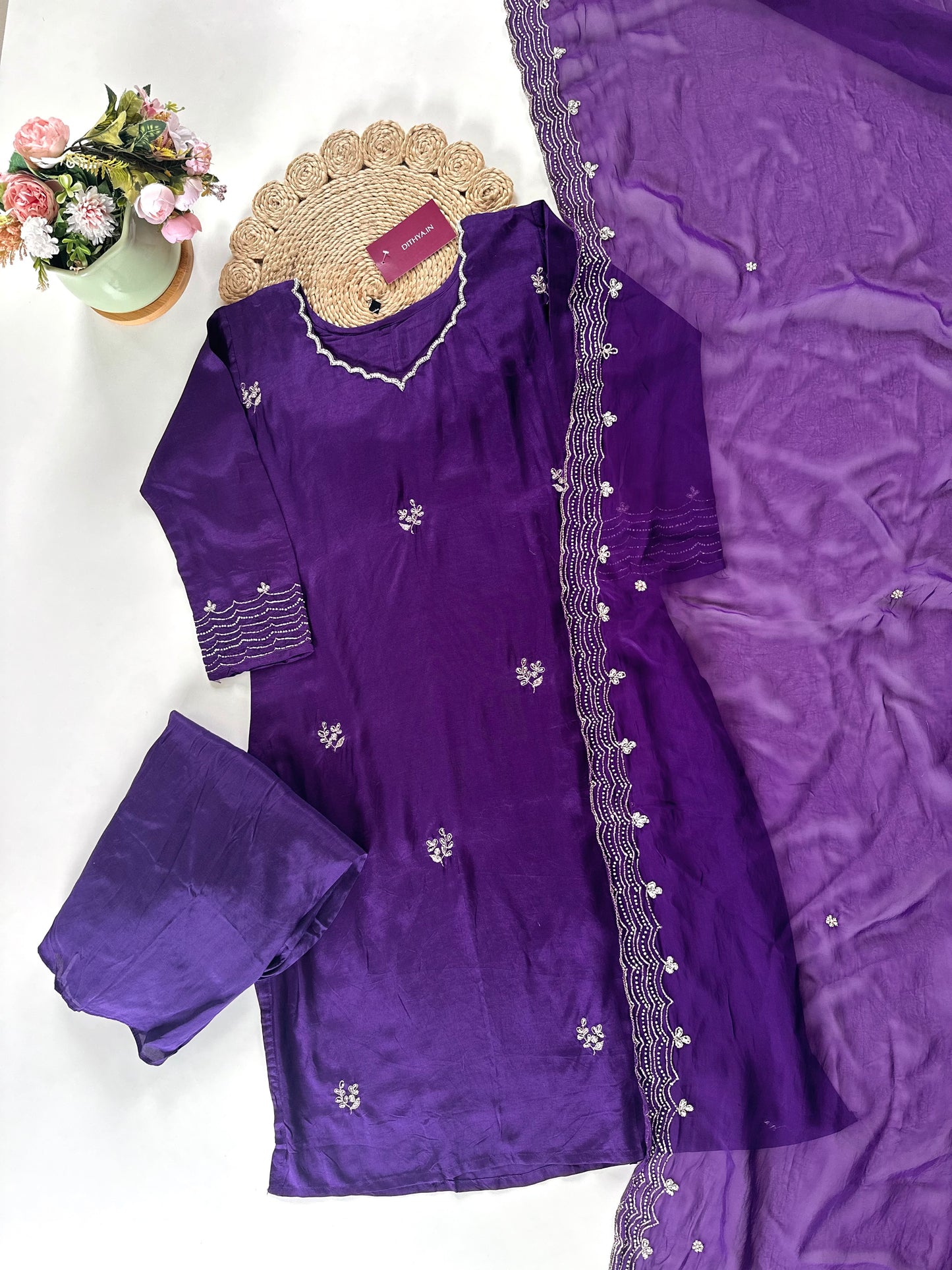 K131 - Russian silk handwork straight kurti with sharara and dupatta