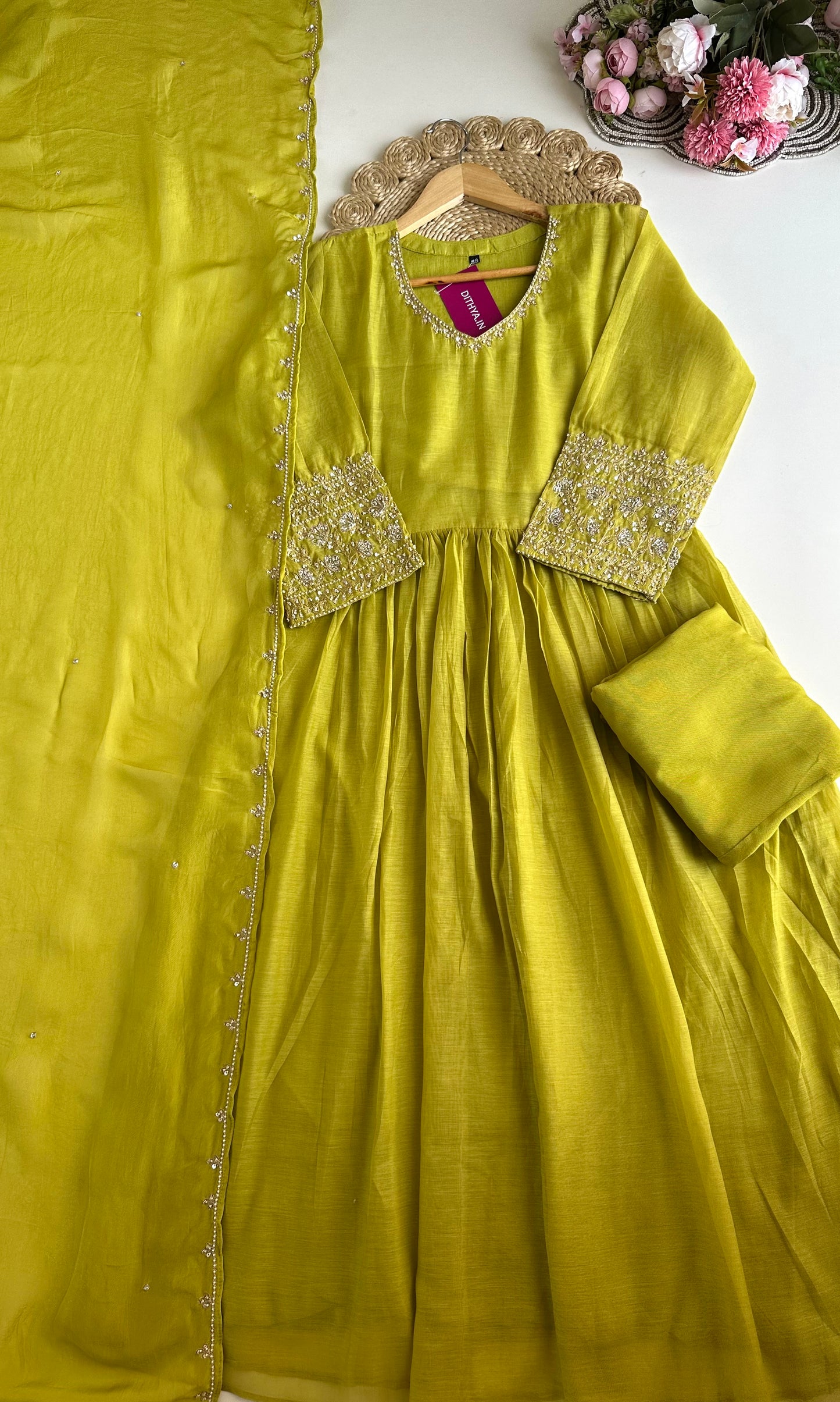 K358 - Mul Chanderi handwork Anarkali with pants and dupatta