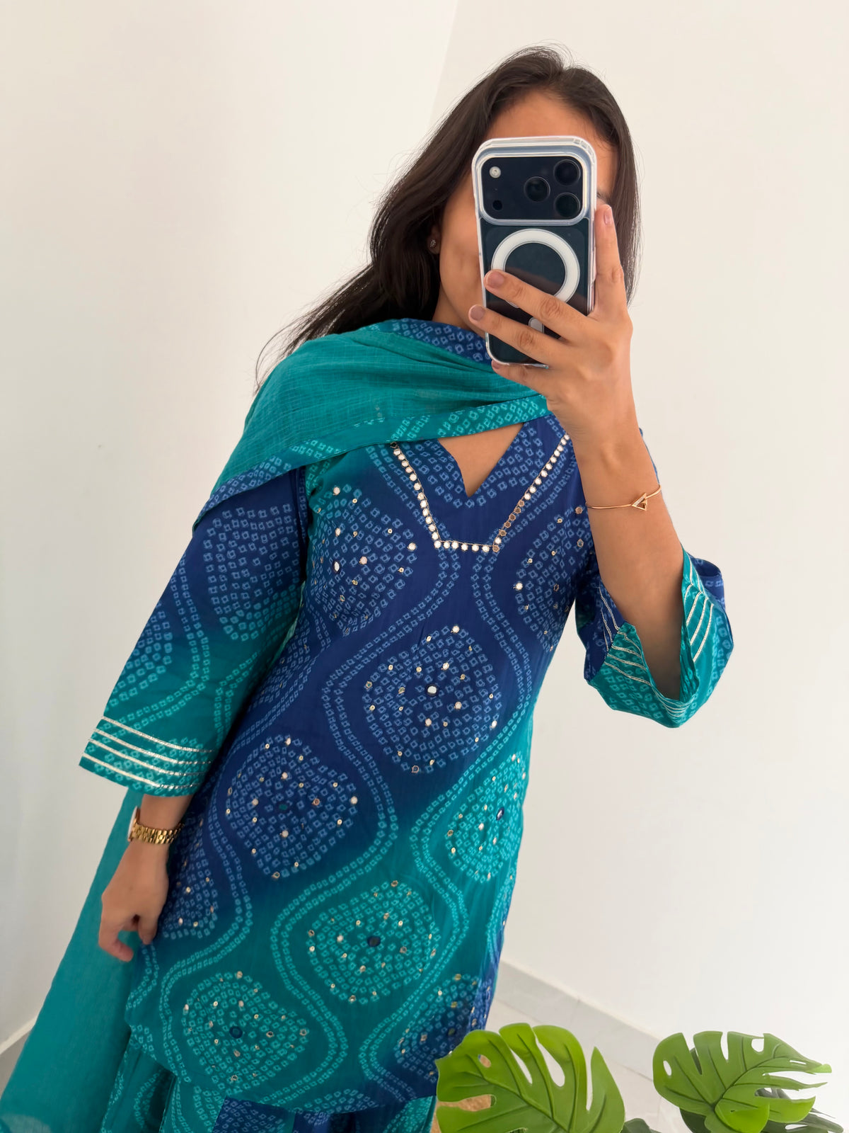 K090 - Mul cotton bandhini mirror work short Kurti with palazzo pants and dupatta