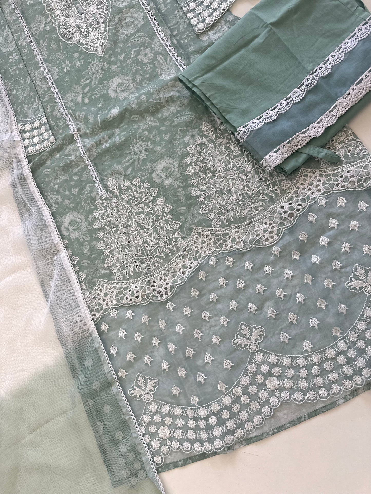 K269 - Rayon embroidered paki straight kurti with palazzo and dupatta in 2 colours