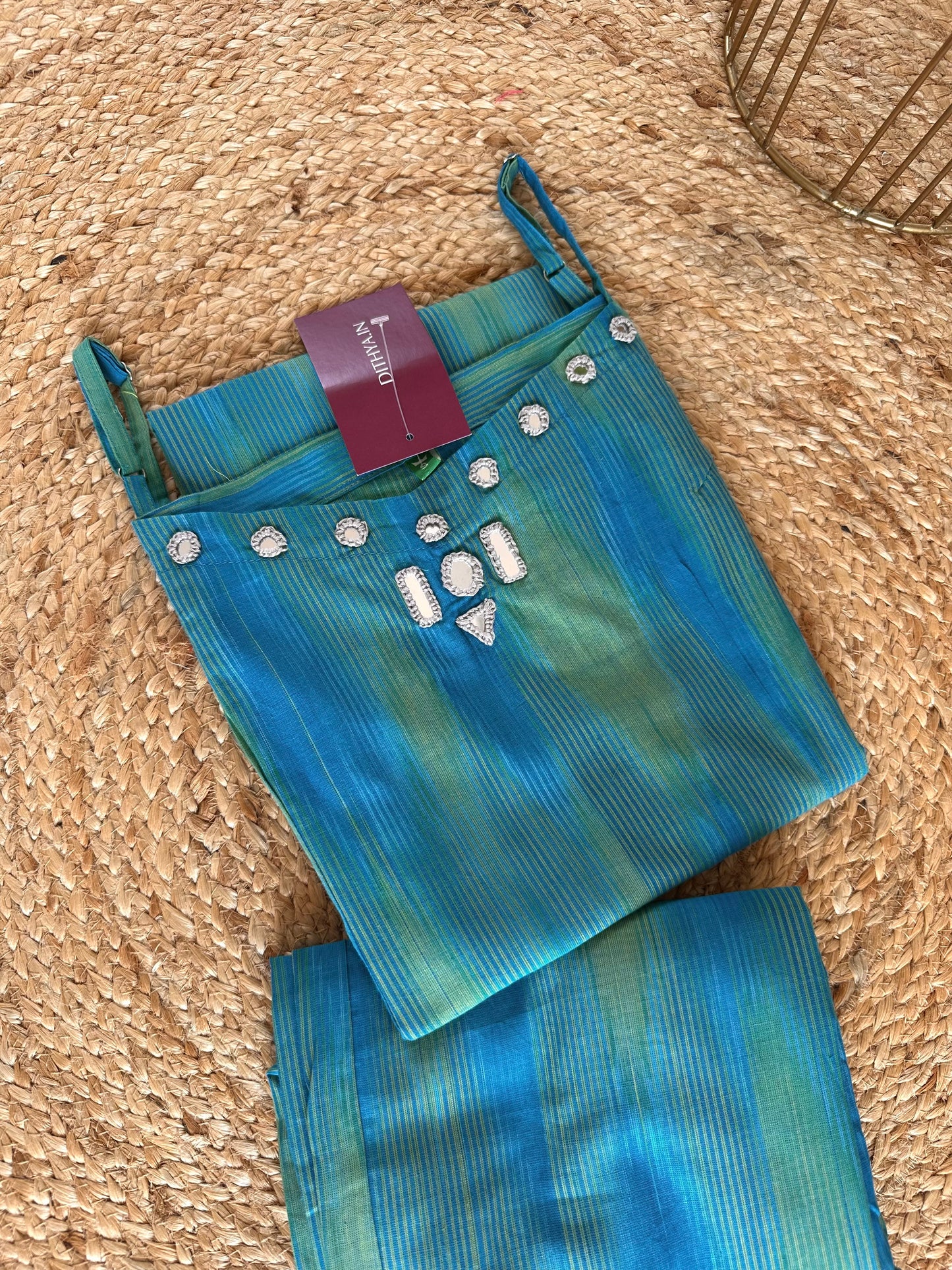 K040 - Cotton strap mirror work Kurti with pants in 3 colours