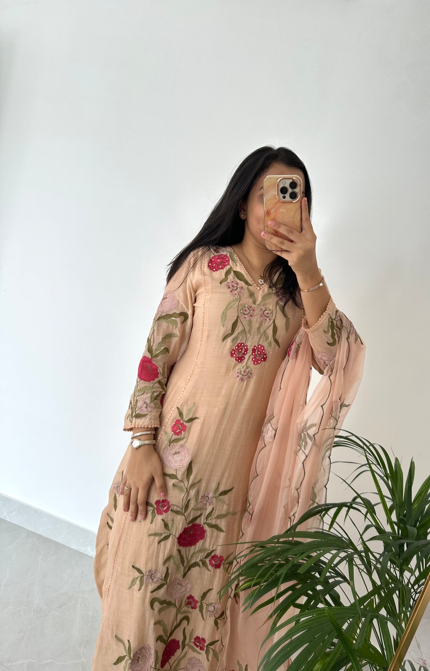 K379 - Mul Chanderi appliqué work Aline Kurti with pants and dupatta in 2 colours